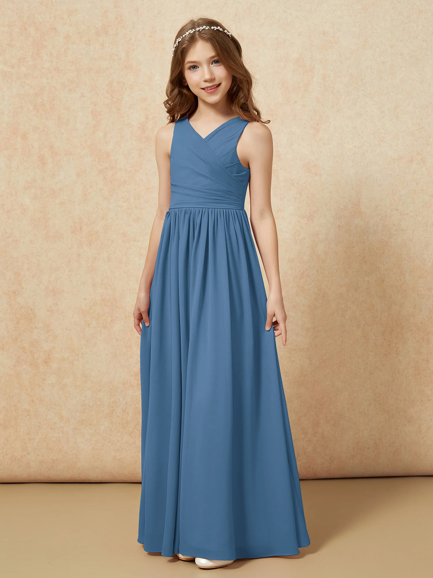 Pleated V-neck Chiffon Long Junior Bridesmaid Dresses Slate Blue - Image 3