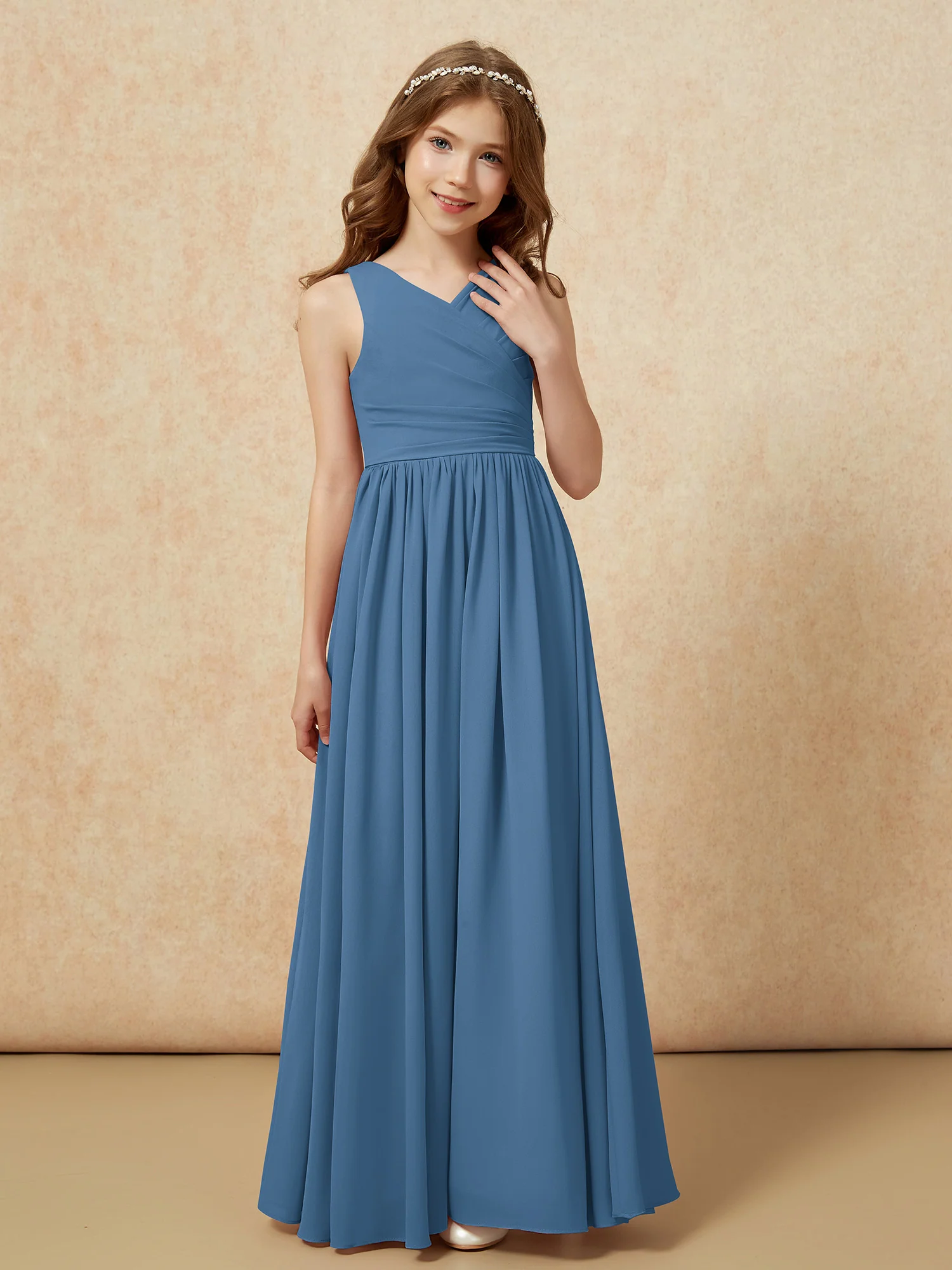 Pleated V-neck Chiffon Long Junior Bridesmaid Dresses Slate Blue - Image 5