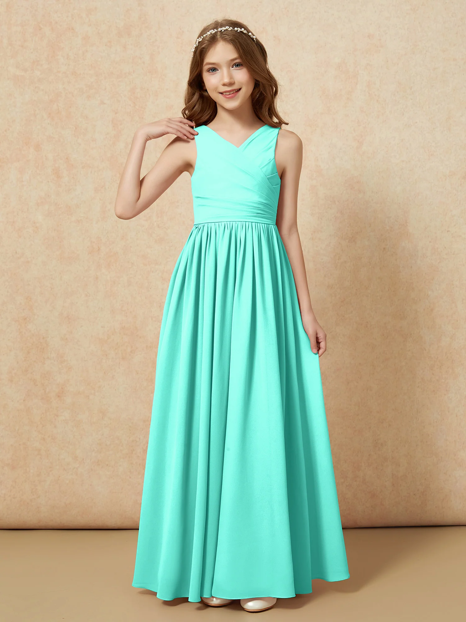 Pleated V-neck Chiffon Long Junior Bridesmaid Dresses Spa