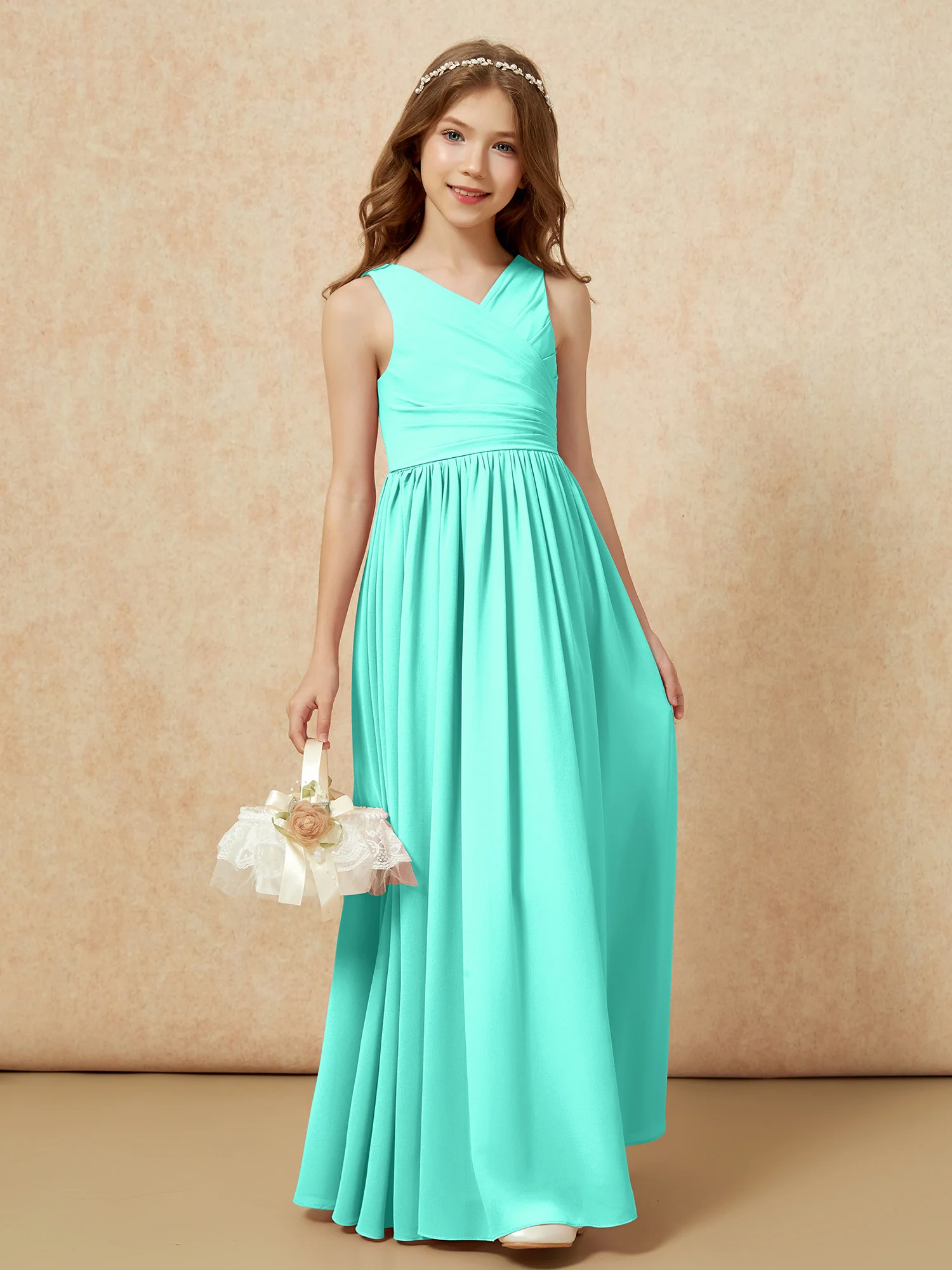 Pleated V-neck Chiffon Long Junior Bridesmaid Dresses Spa - Image 4