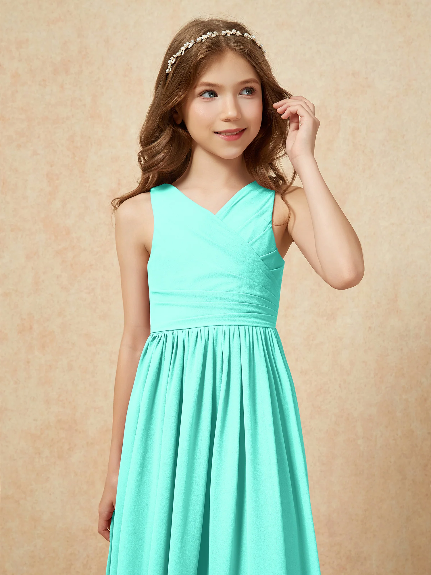 Pleated V-neck Chiffon Long Junior Bridesmaid Dresses Spa - Image 6