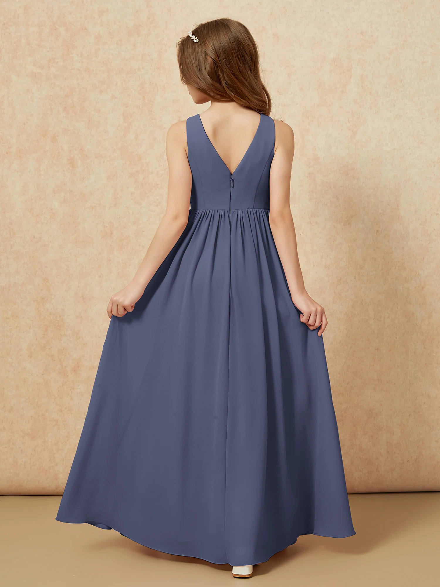 Pleated V-neck Chiffon Long Junior Bridesmaid Dresses Stormy - Image 2