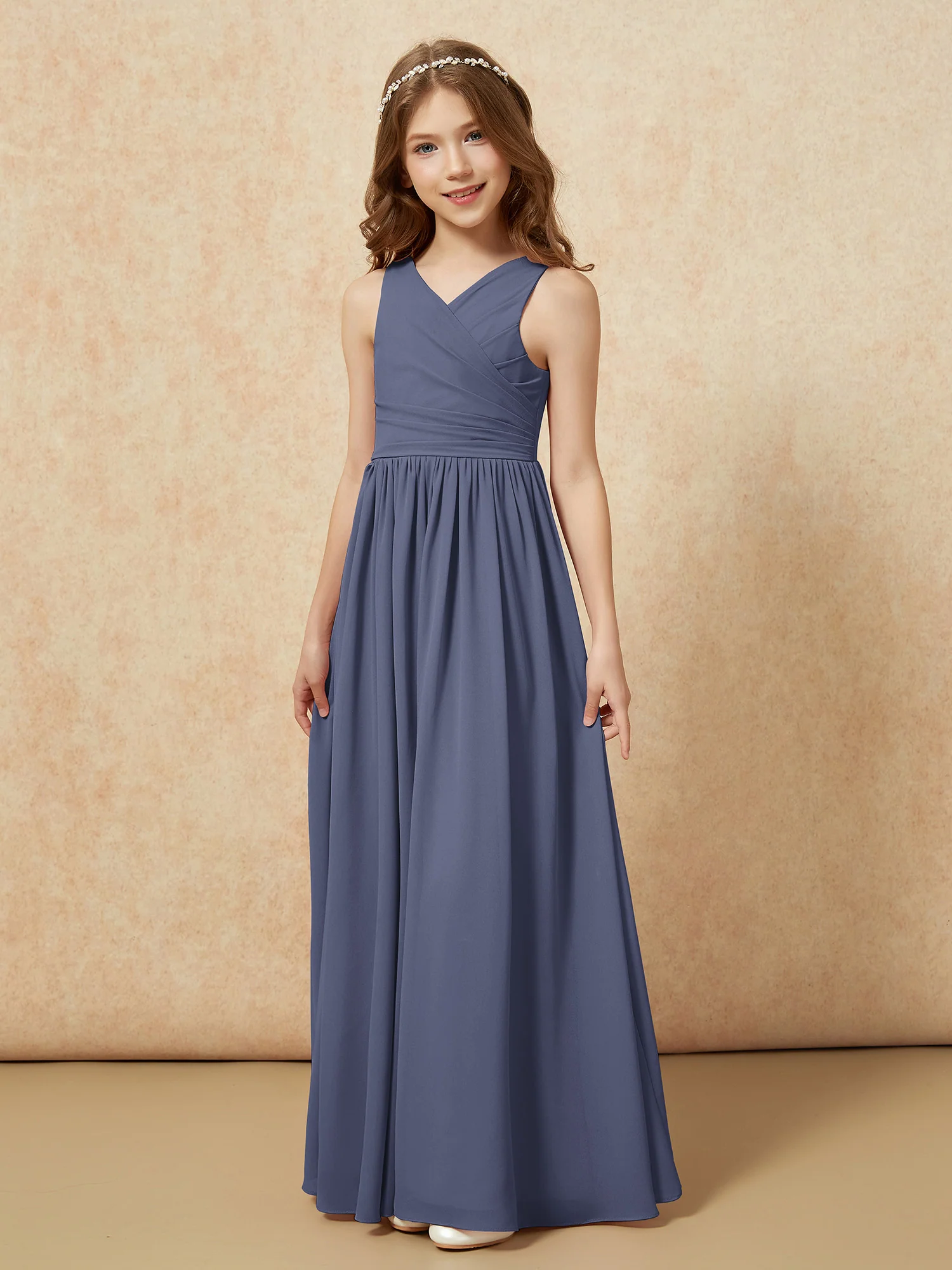 Pleated V-neck Chiffon Long Junior Bridesmaid Dresses Stormy - Image 3