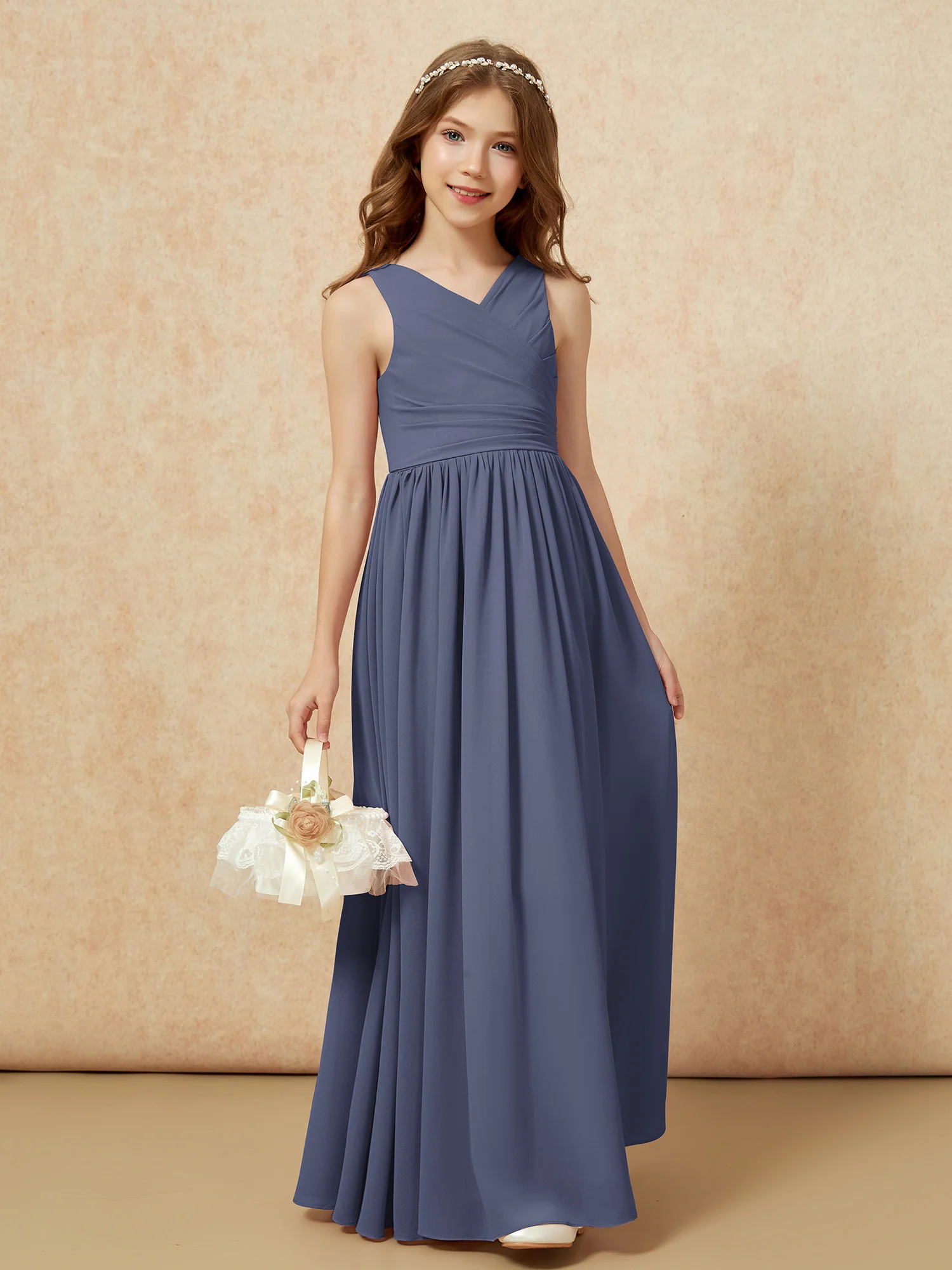 Pleated V-neck Chiffon Long Junior Bridesmaid Dresses Stormy - Image 4