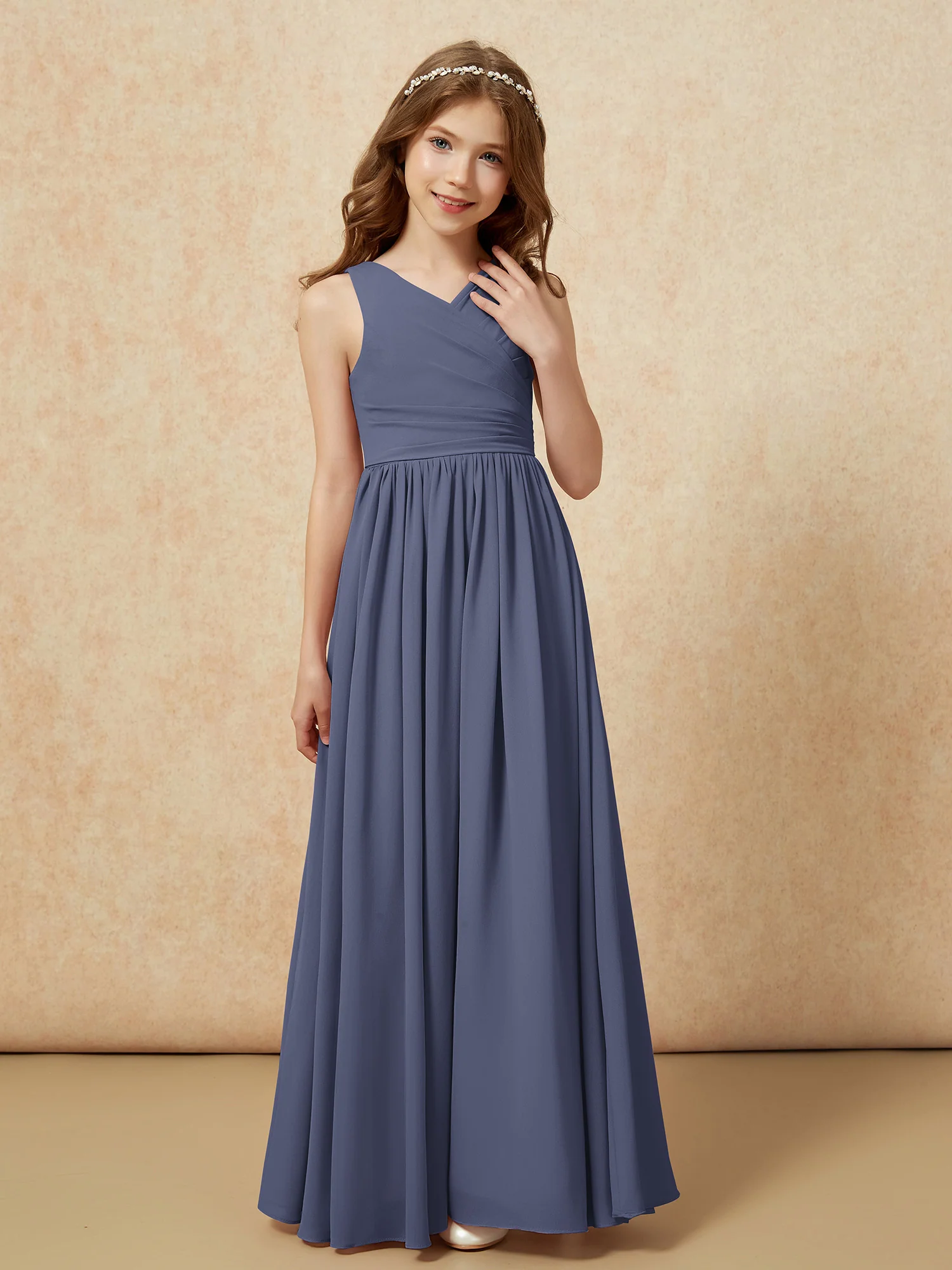 Pleated V-neck Chiffon Long Junior Bridesmaid Dresses Stormy - Image 5