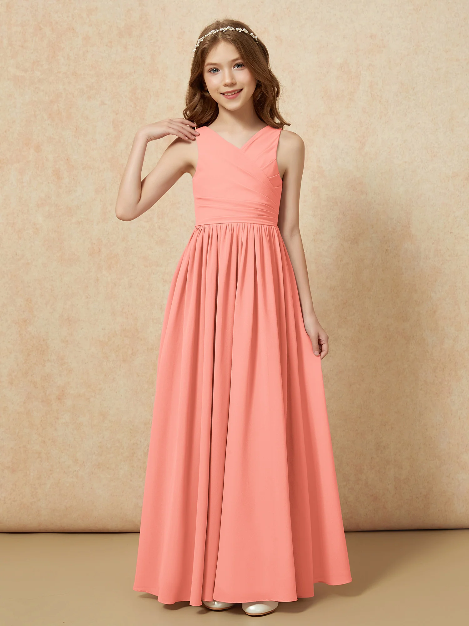Pleated V-neck Chiffon Long Junior Bridesmaid Dresses Sunset