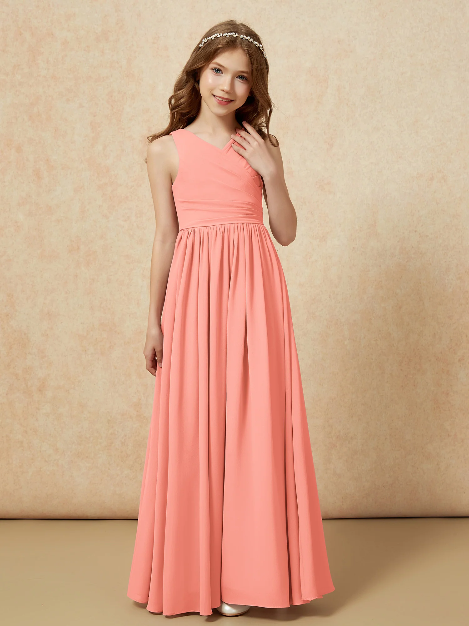 Pleated V-neck Chiffon Long Junior Bridesmaid Dresses Sunset - Image 5