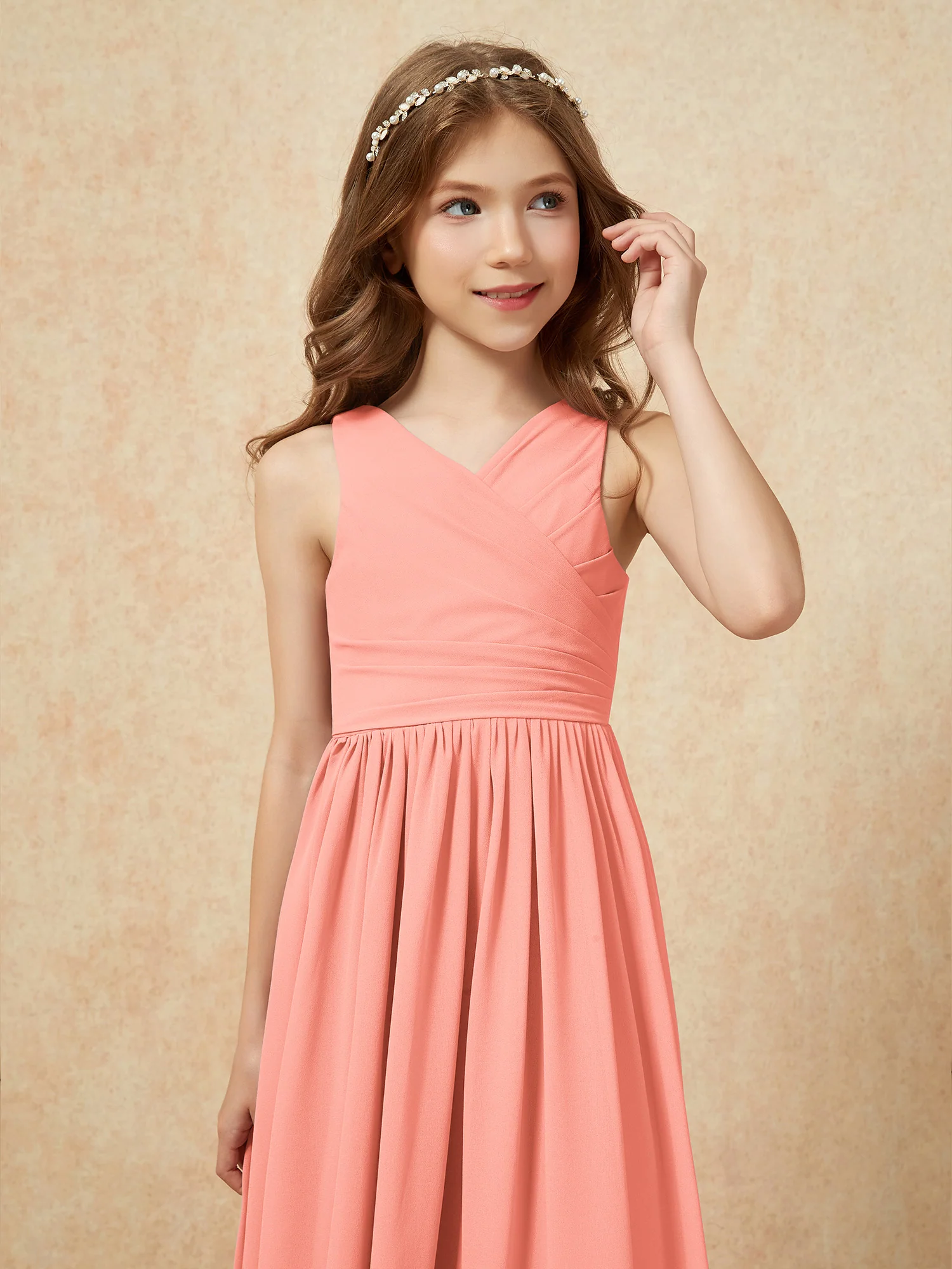 Pleated V-neck Chiffon Long Junior Bridesmaid Dresses Sunset - Image 6