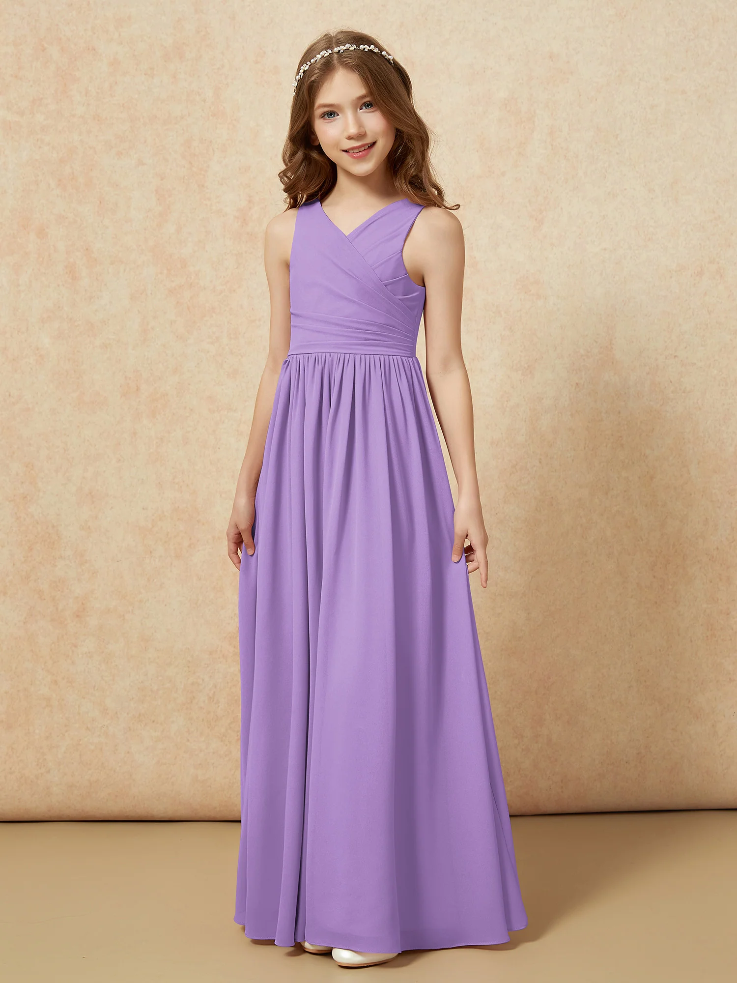 Pleated V-neck Chiffon Long Junior Bridesmaid Dresses Tahiti - Image 3