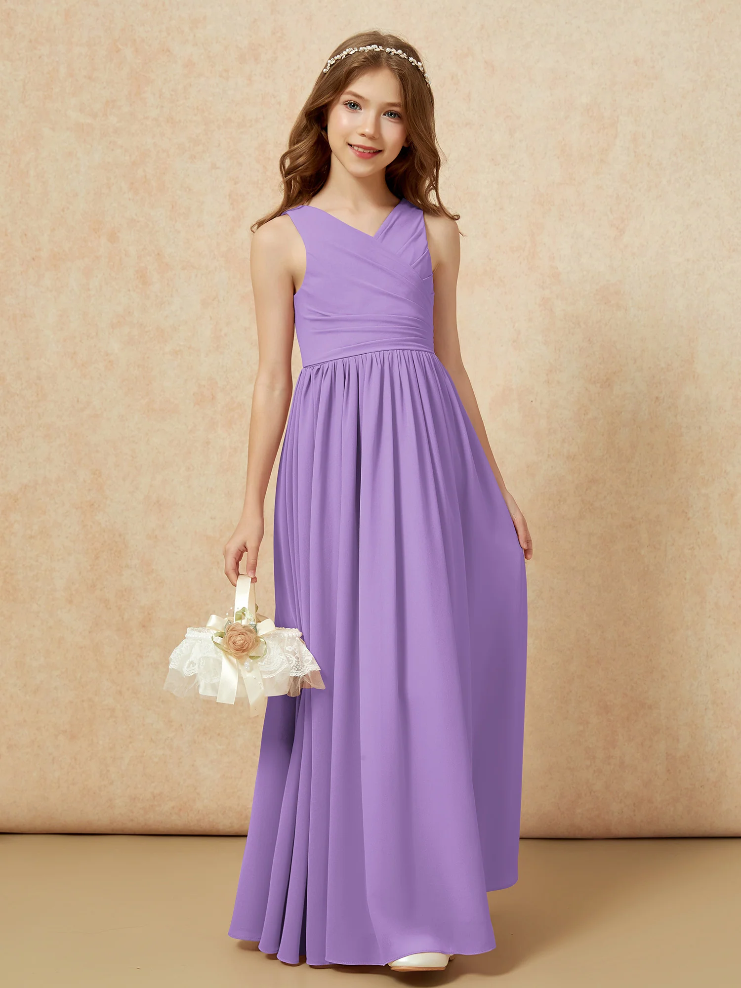 Pleated V-neck Chiffon Long Junior Bridesmaid Dresses Tahiti - Image 4