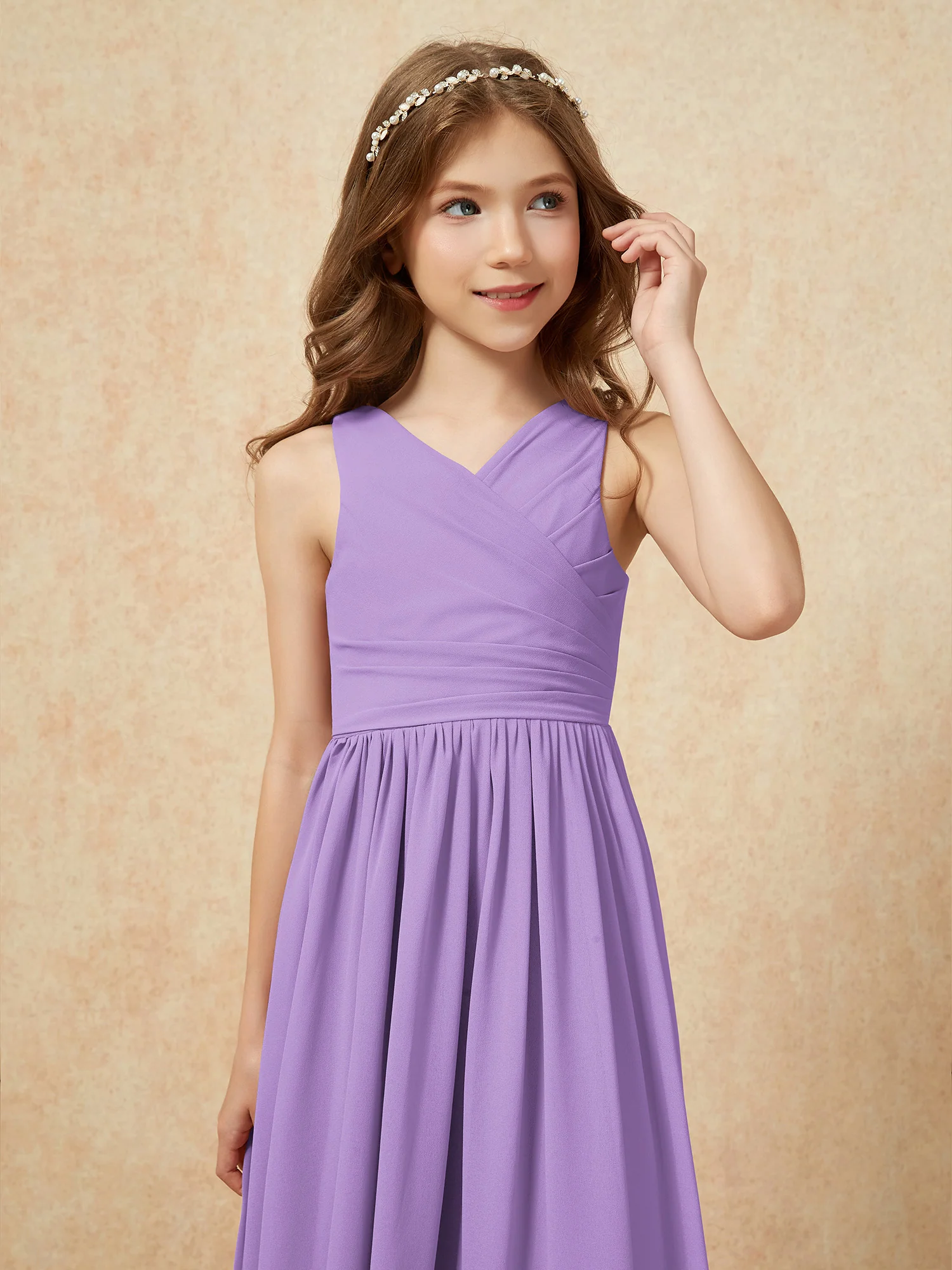 Pleated V-neck Chiffon Long Junior Bridesmaid Dresses Tahiti - Image 6