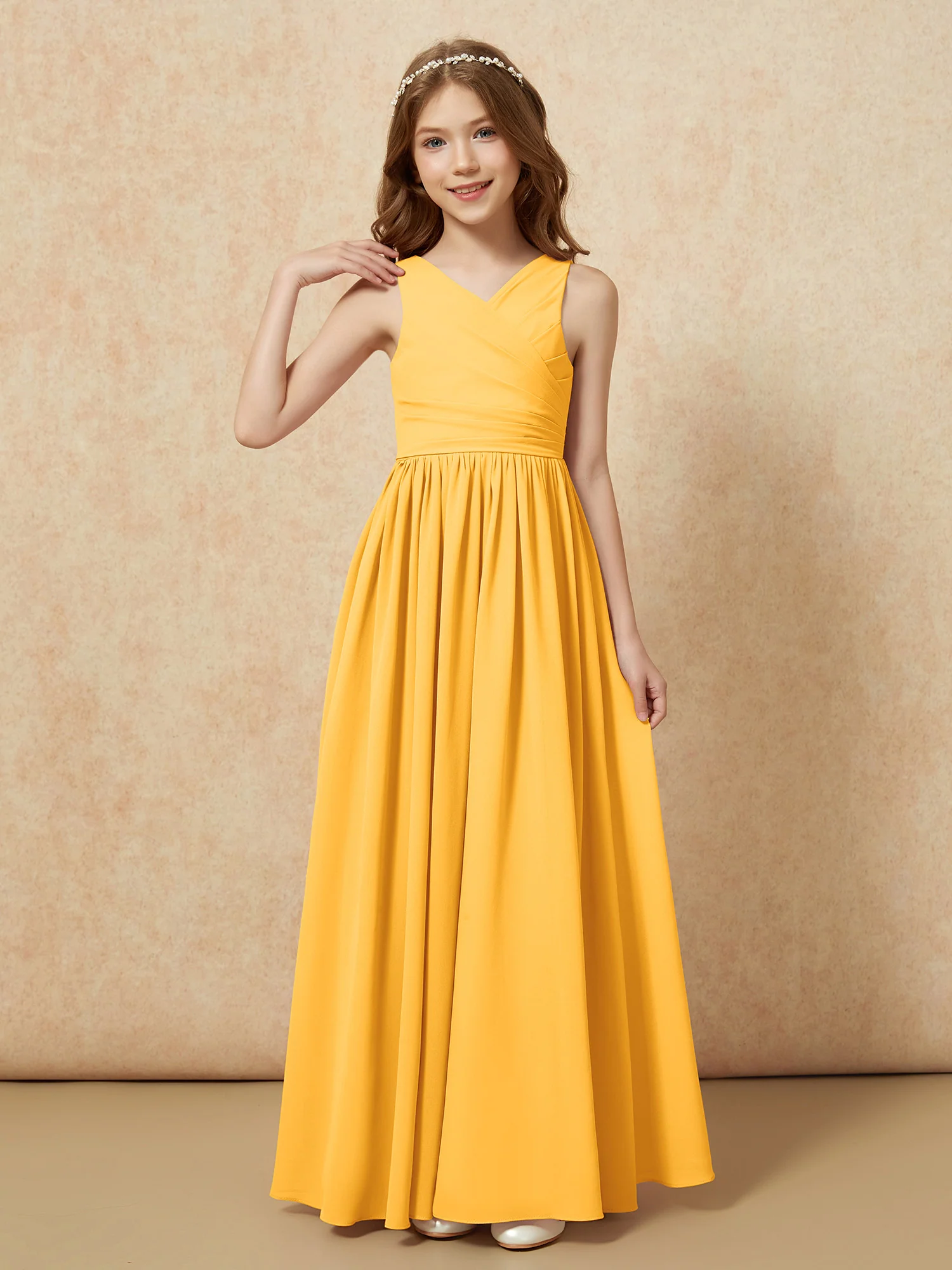Pleated V-neck Chiffon Long Junior Bridesmaid Dresses Tangerine