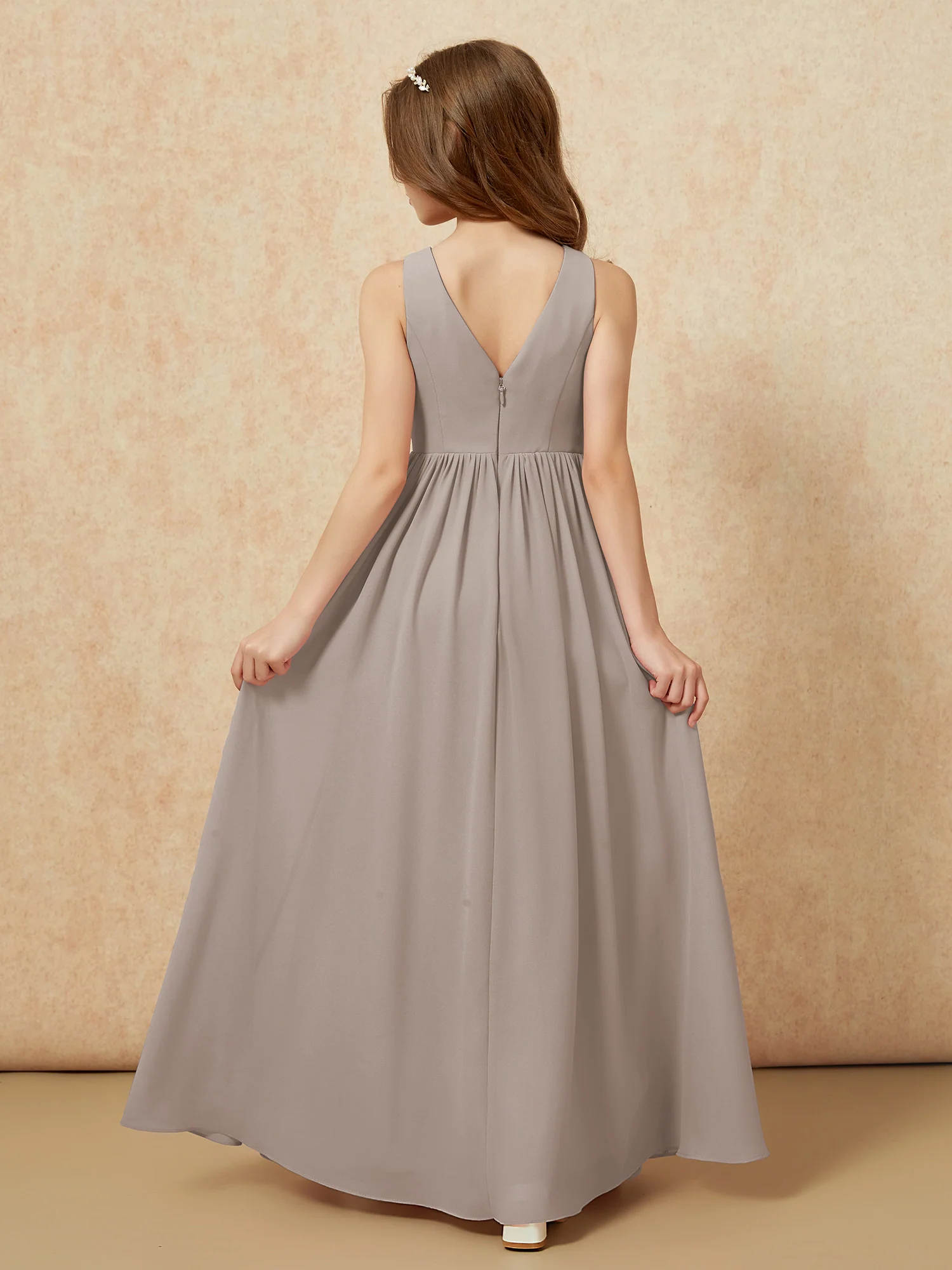 Pleated V-neck Chiffon Long Junior Bridesmaid Dresses Taupe - Image 2