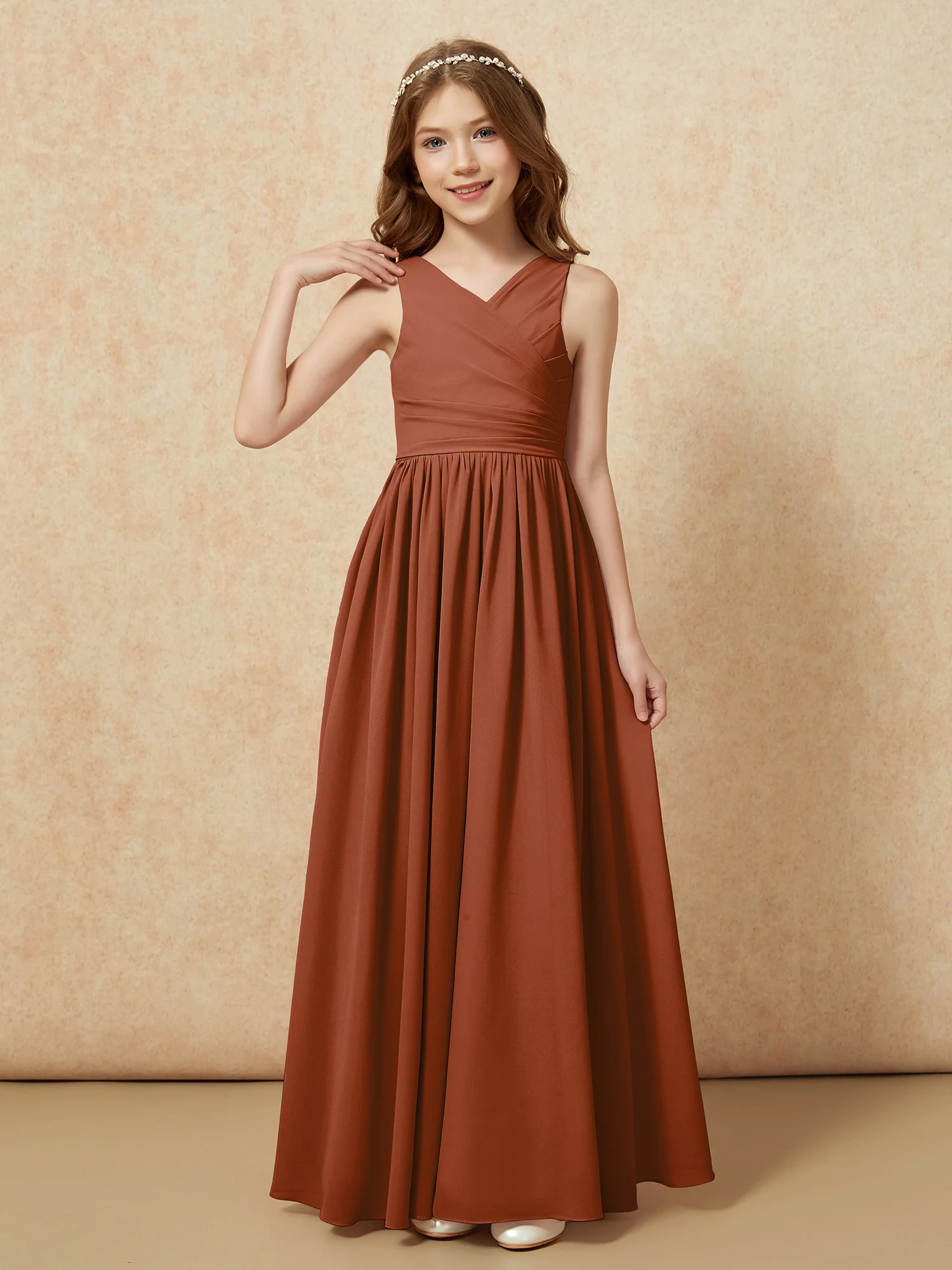 Pleated V-neck Chiffon Long Junior Bridesmaid Dresses Terracotta