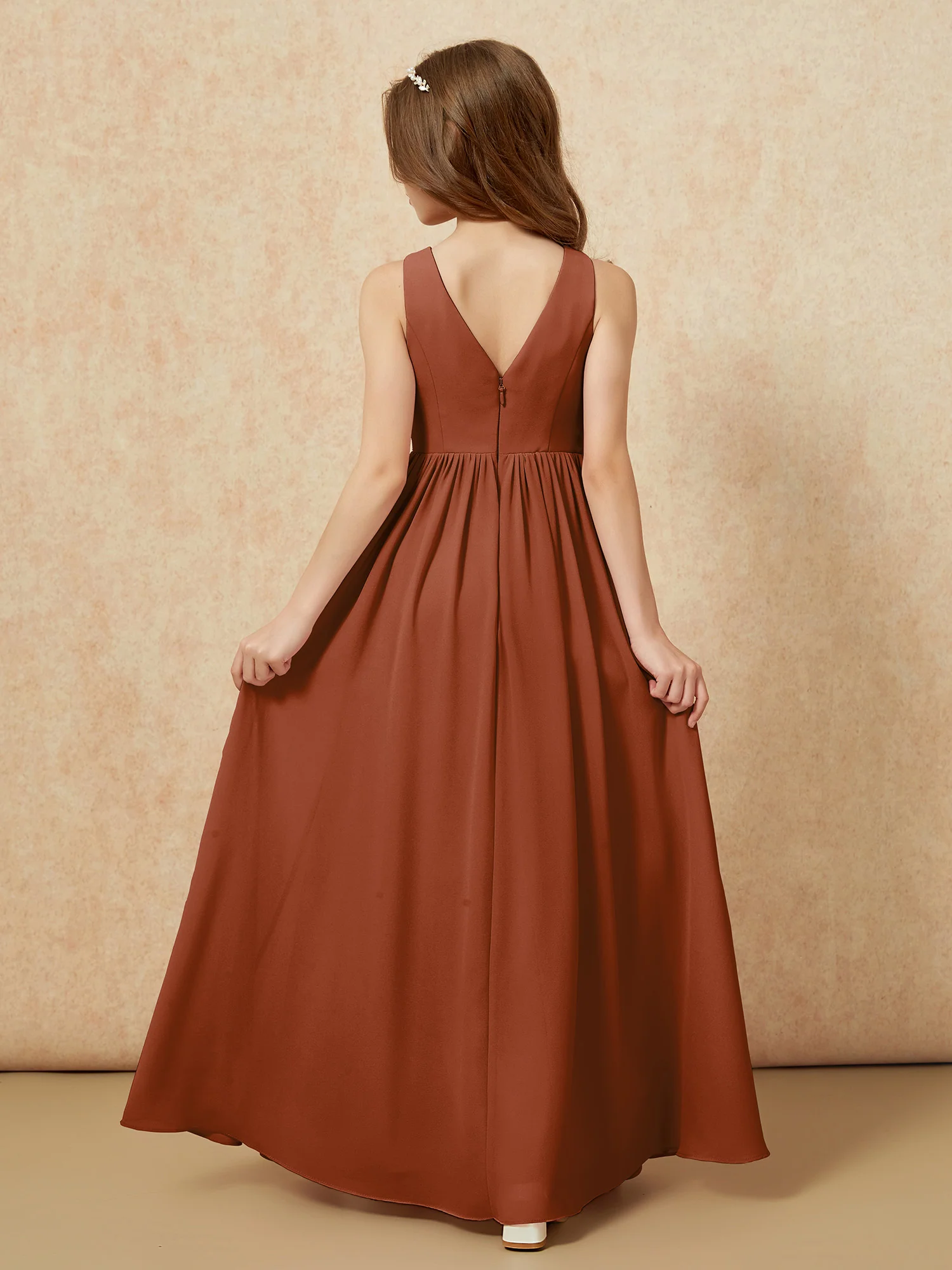 Pleated V-neck Chiffon Long Junior Bridesmaid Dresses Terracotta - Image 2