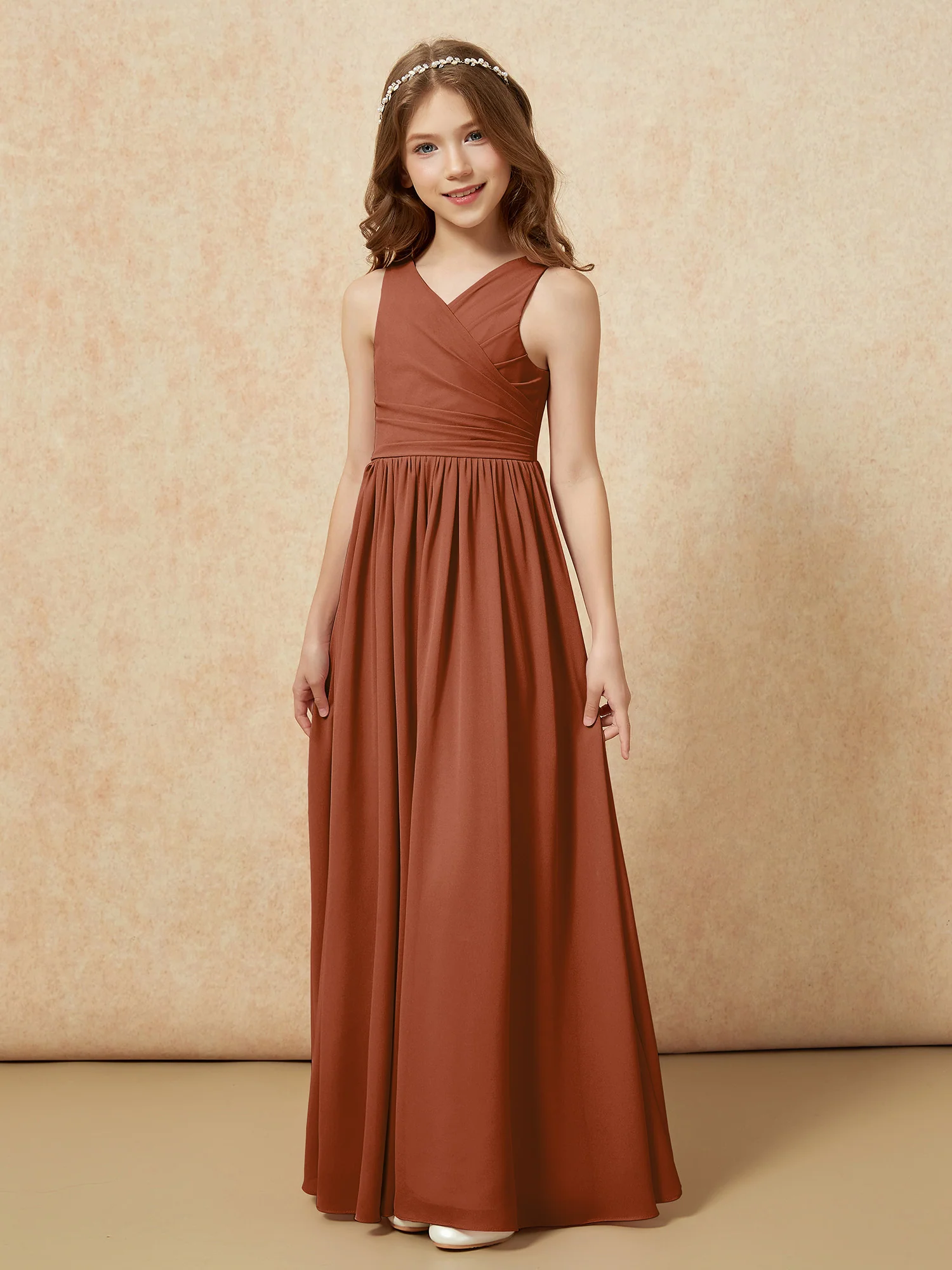 Pleated V-neck Chiffon Long Junior Bridesmaid Dresses Terracotta - Image 3