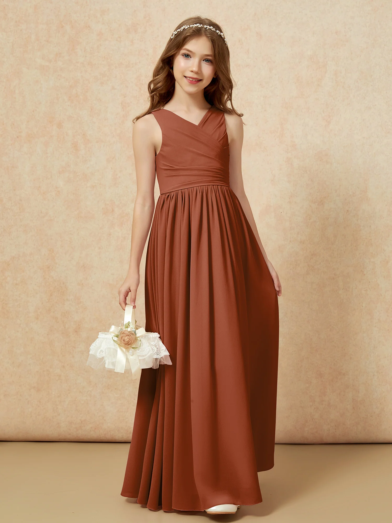Pleated V-neck Chiffon Long Junior Bridesmaid Dresses Terracotta - Image 4