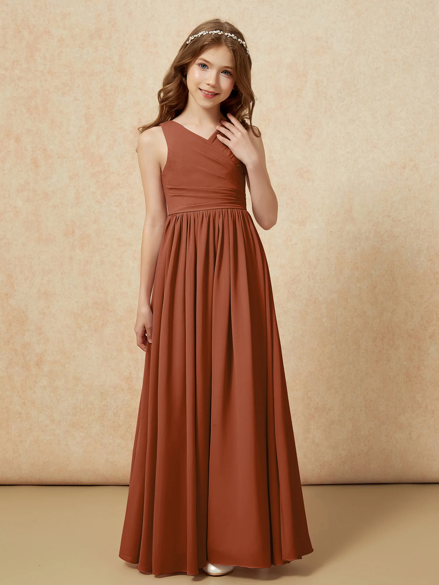 Pleated V-neck Chiffon Long Junior Bridesmaid Dresses Terracotta - Image 5
