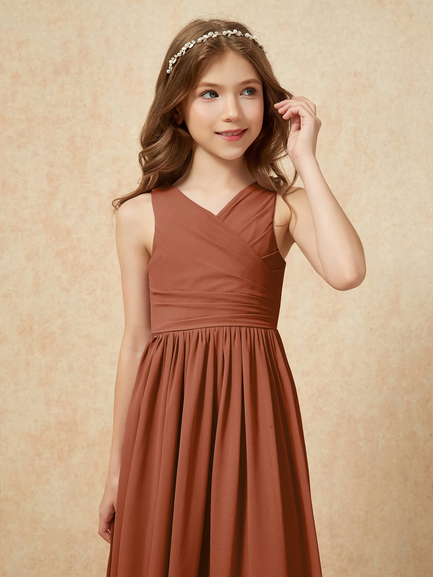Pleated V-neck Chiffon Long Junior Bridesmaid Dresses Terracotta - Image 6