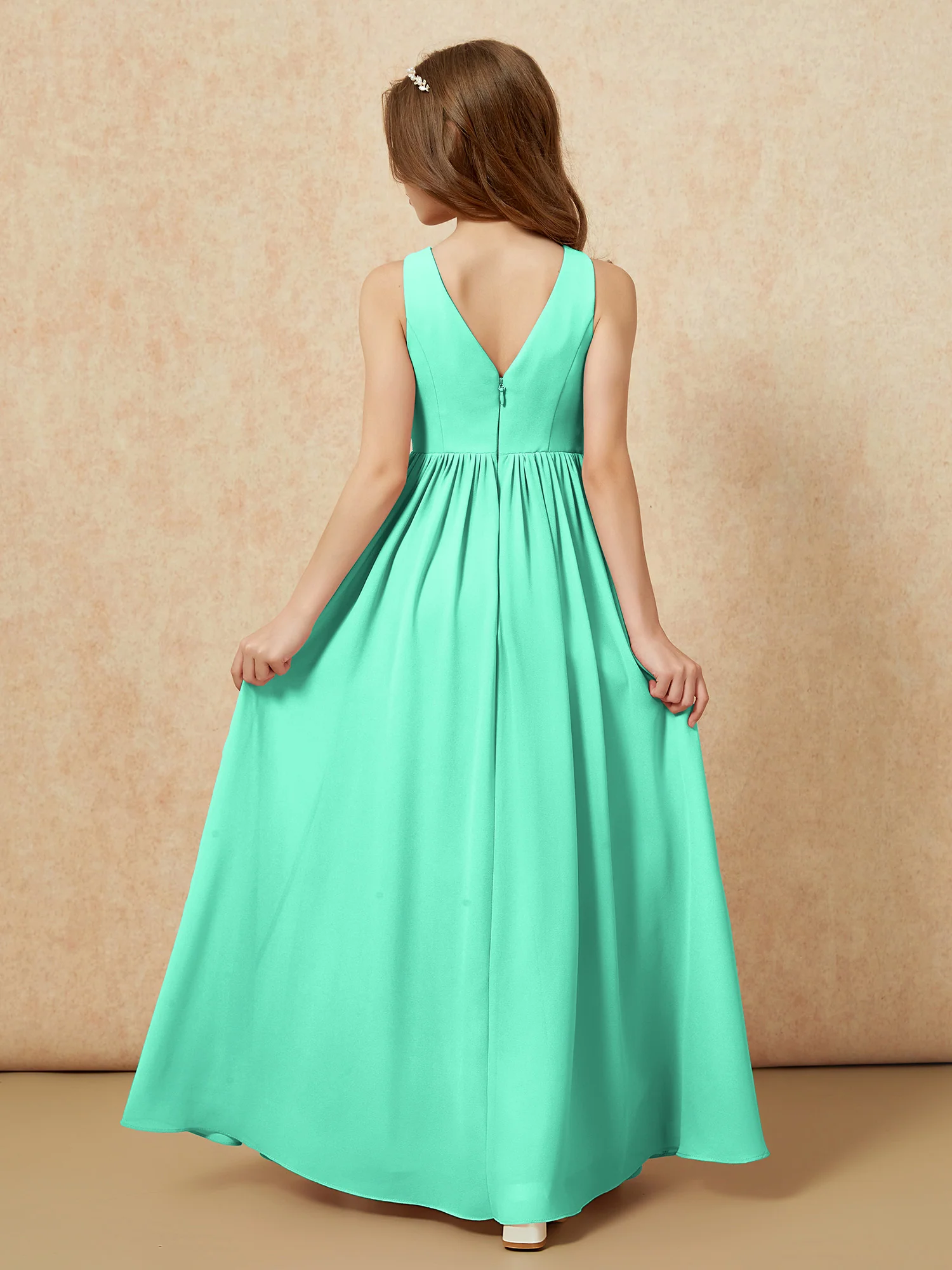 Pleated V-neck Chiffon Long Junior Bridesmaid Dresses Turquoise - Image 2
