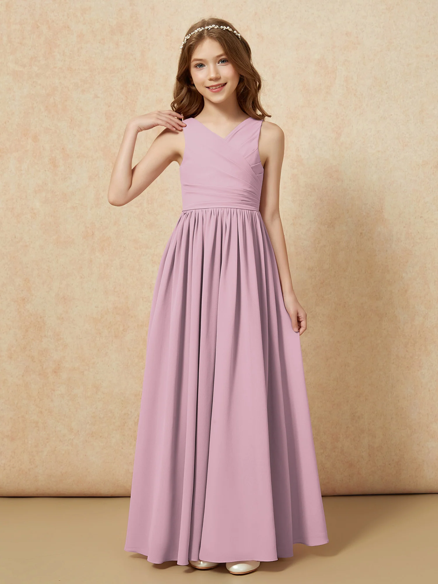Pleated V-neck Chiffon Long Junior Bridesmaid Dresses Vintage Mauve