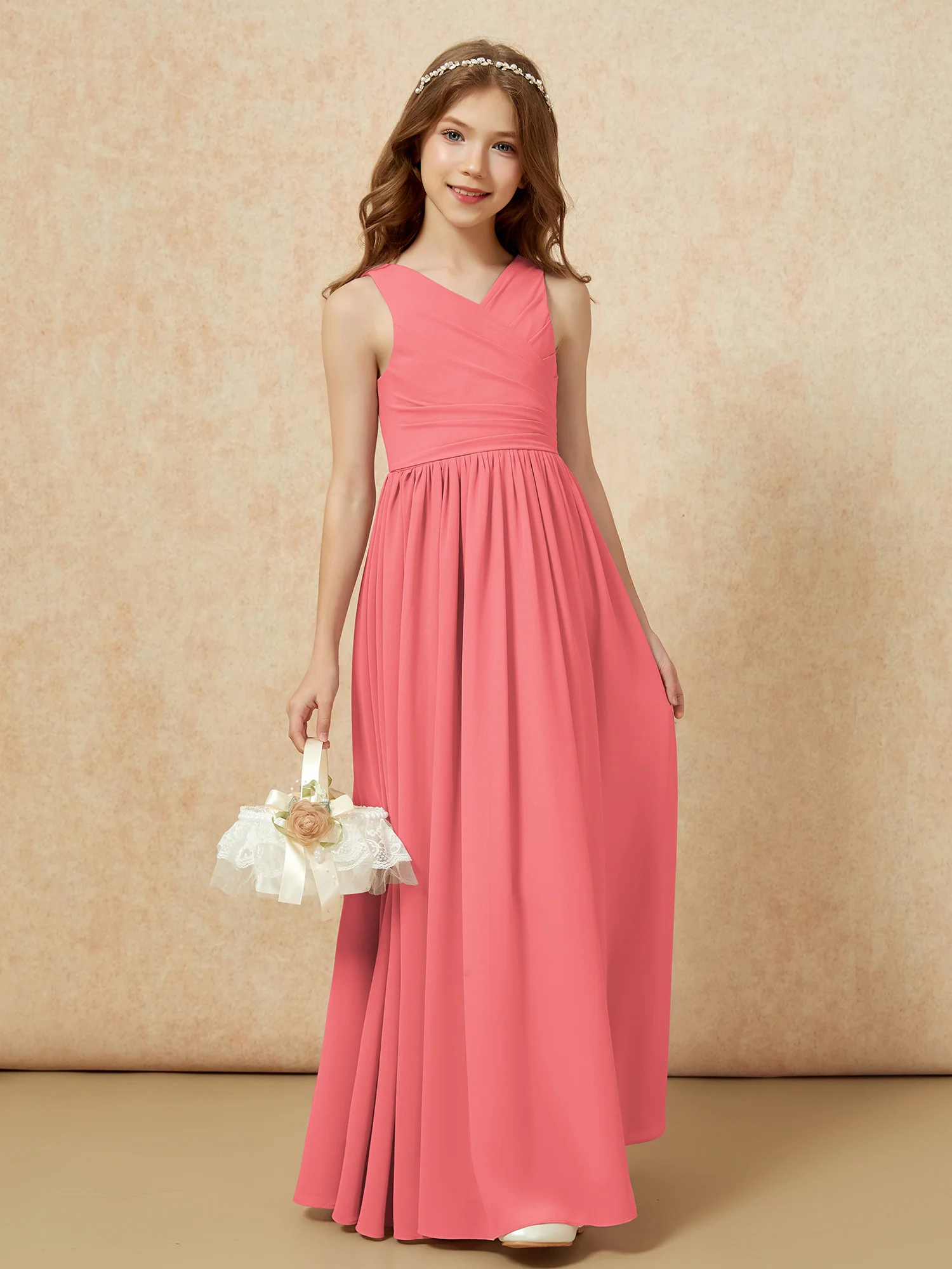 Pleated V-neck Chiffon Long Junior Bridesmaid Dresses Watermelon - Image 4