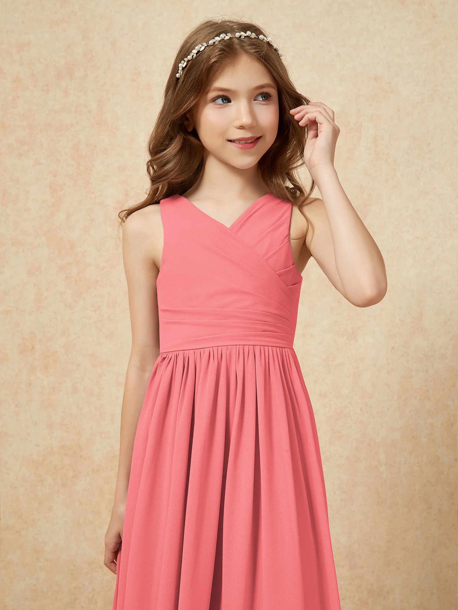 Pleated V-neck Chiffon Long Junior Bridesmaid Dresses Watermelon - Image 6