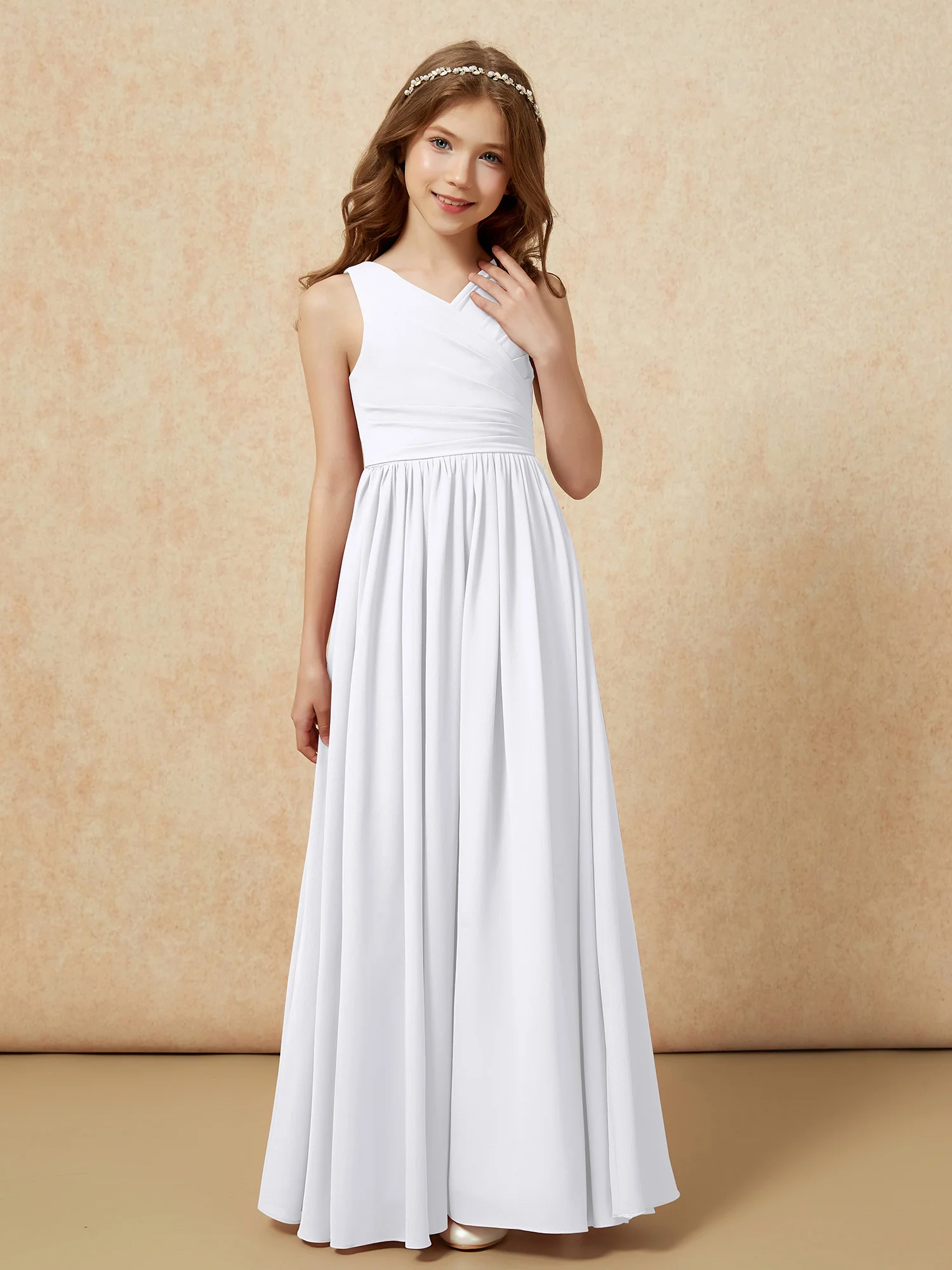Pleated V-neck Chiffon Long Junior Bridesmaid Dresses White - Image 5