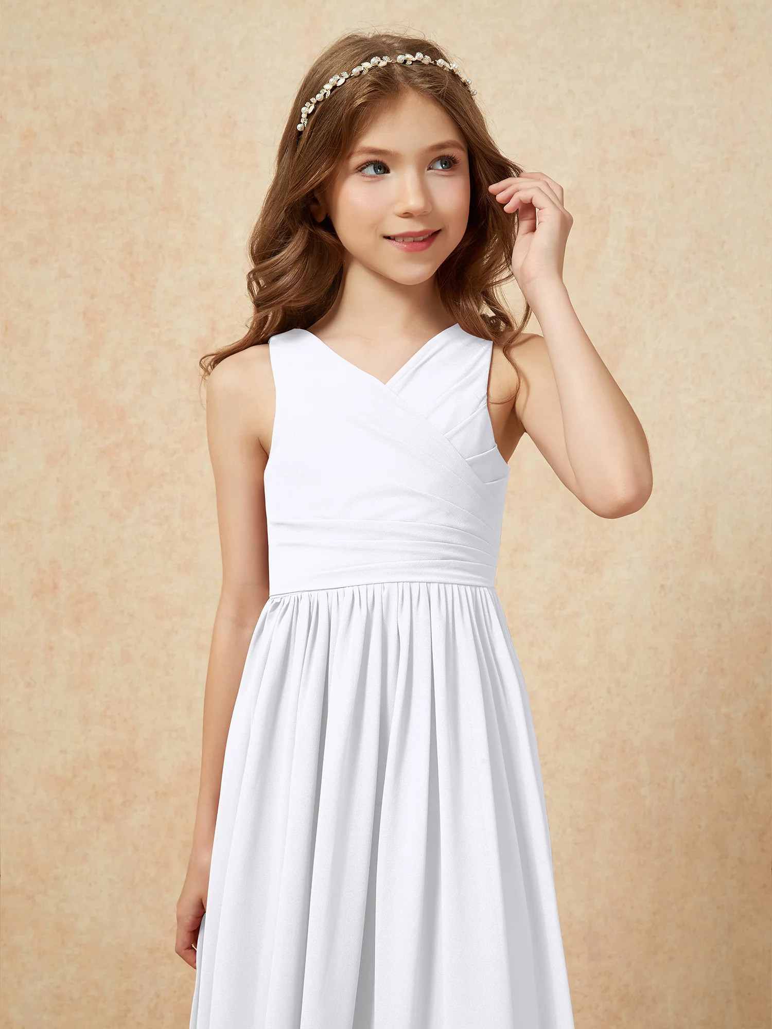 Pleated V-neck Chiffon Long Junior Bridesmaid Dresses White - Image 6
