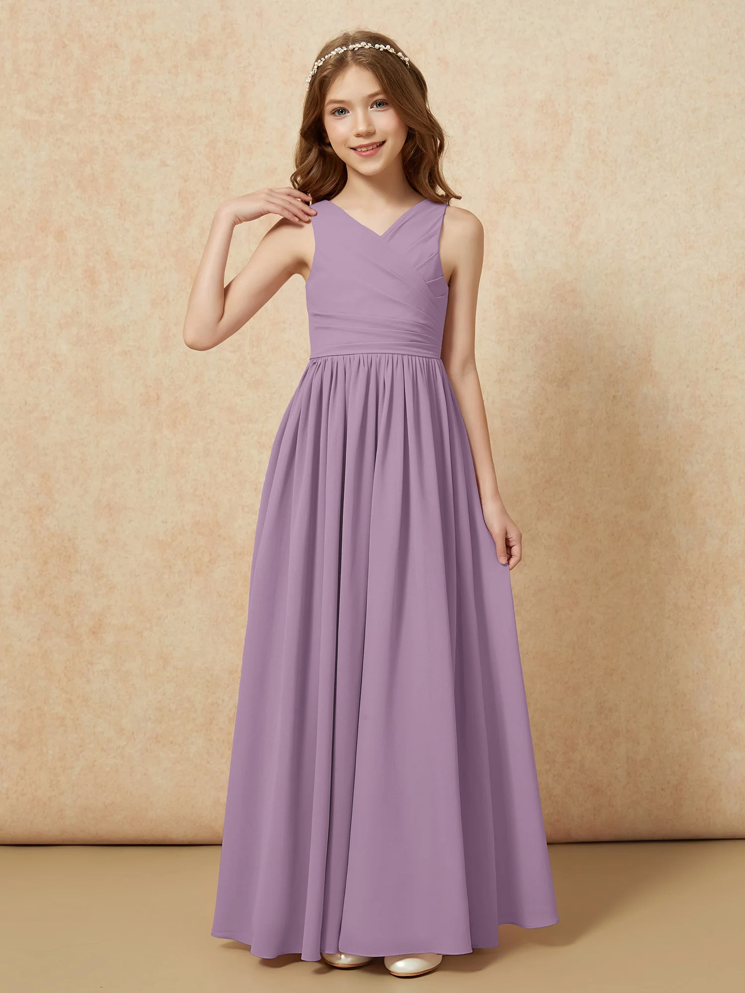 Pleated V-neck Chiffon Long Junior Bridesmaid Dresses Wisteria