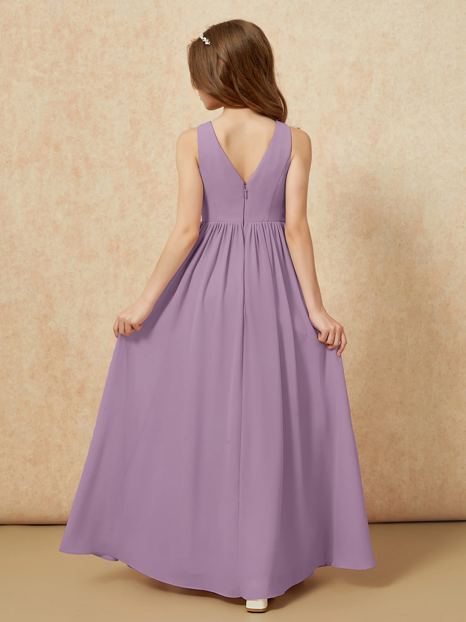Pleated V-neck Chiffon Long Junior Bridesmaid Dresses Wisteria - Image 2
