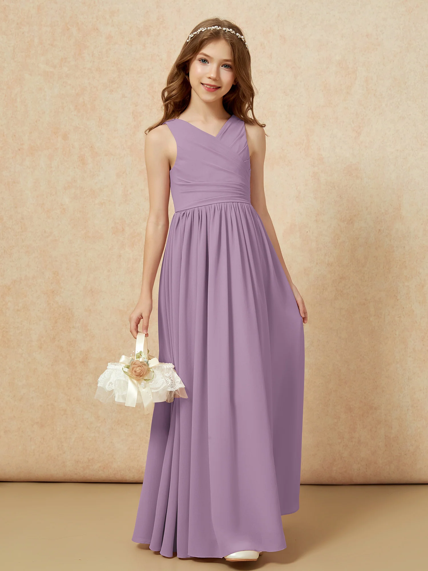 Pleated V-neck Chiffon Long Junior Bridesmaid Dresses Wisteria - Image 4