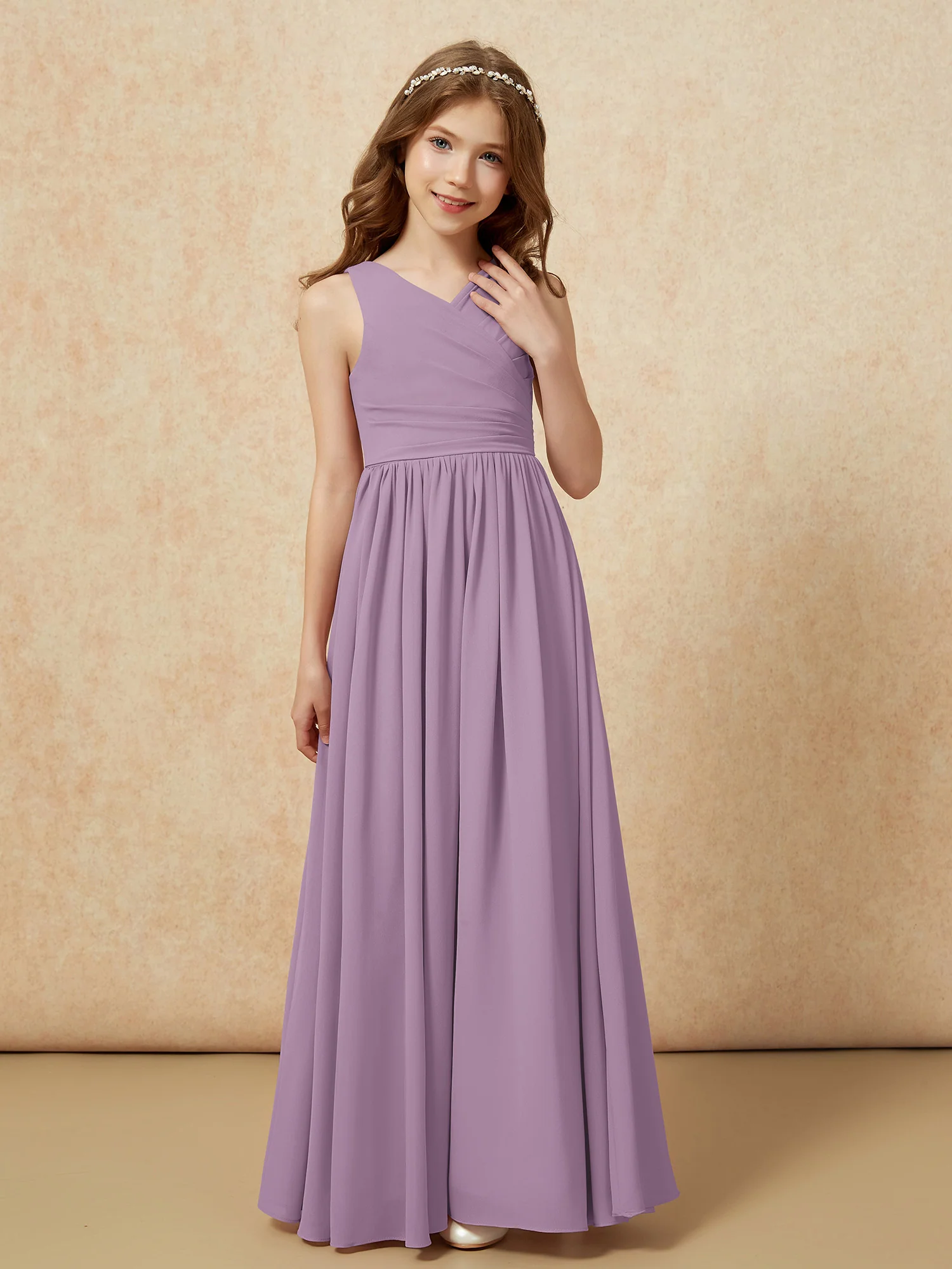 Pleated V-neck Chiffon Long Junior Bridesmaid Dresses Wisteria - Image 5