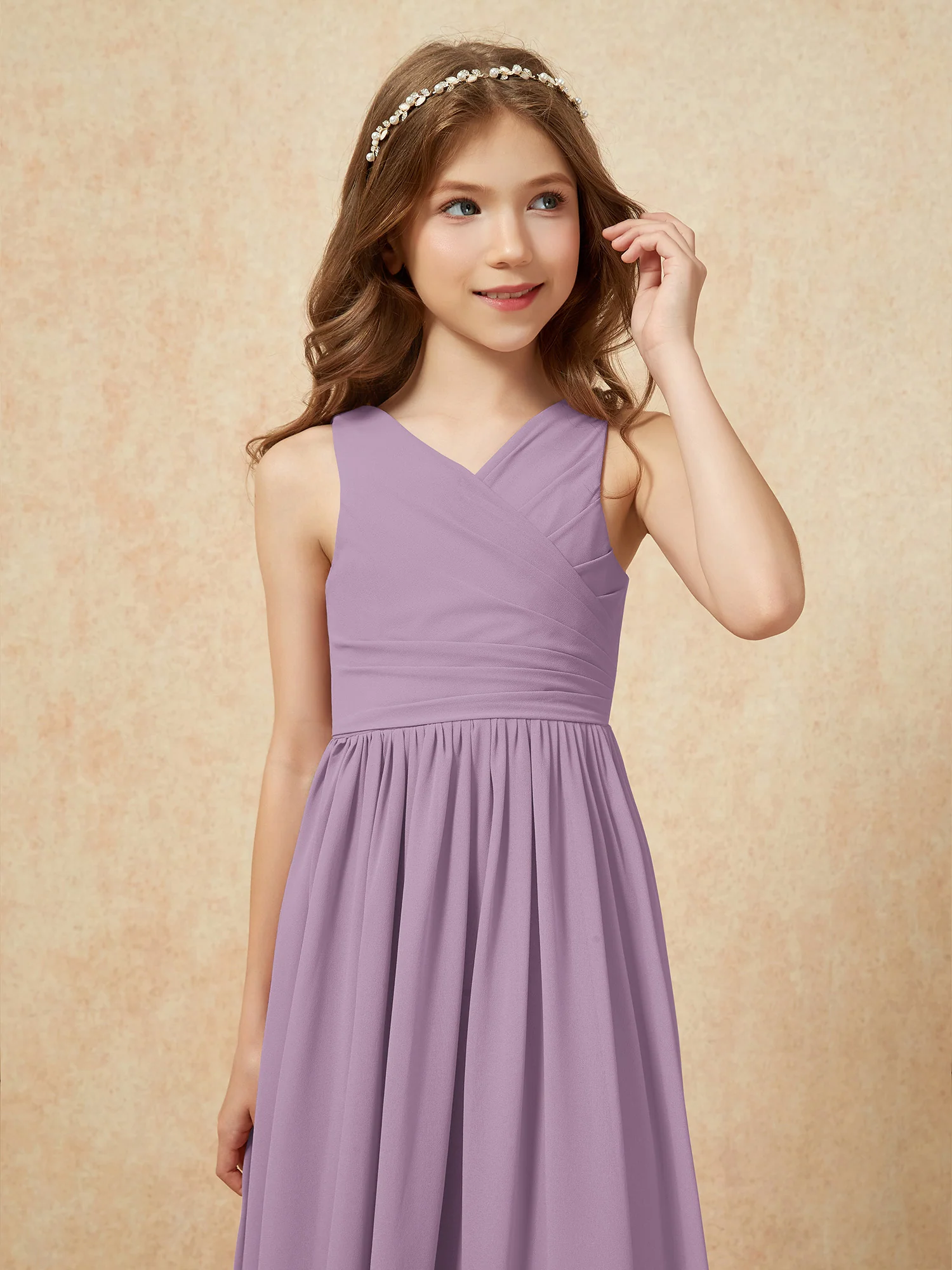 Pleated V-neck Chiffon Long Junior Bridesmaid Dresses Wisteria - Image 6
