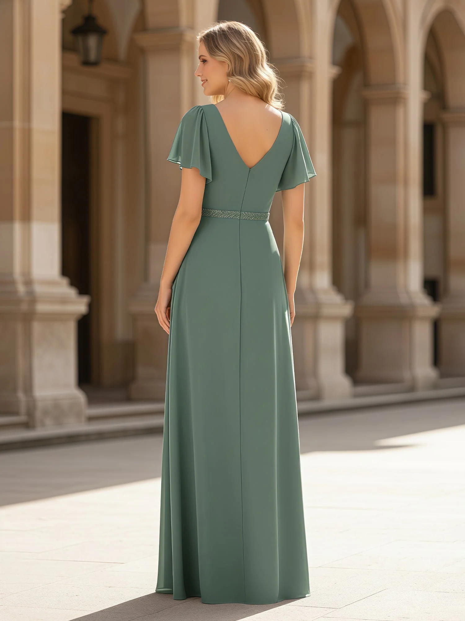 Pleated V-neck Chiffon Long Slit Dress With Rhinestone Lilac - Image 2