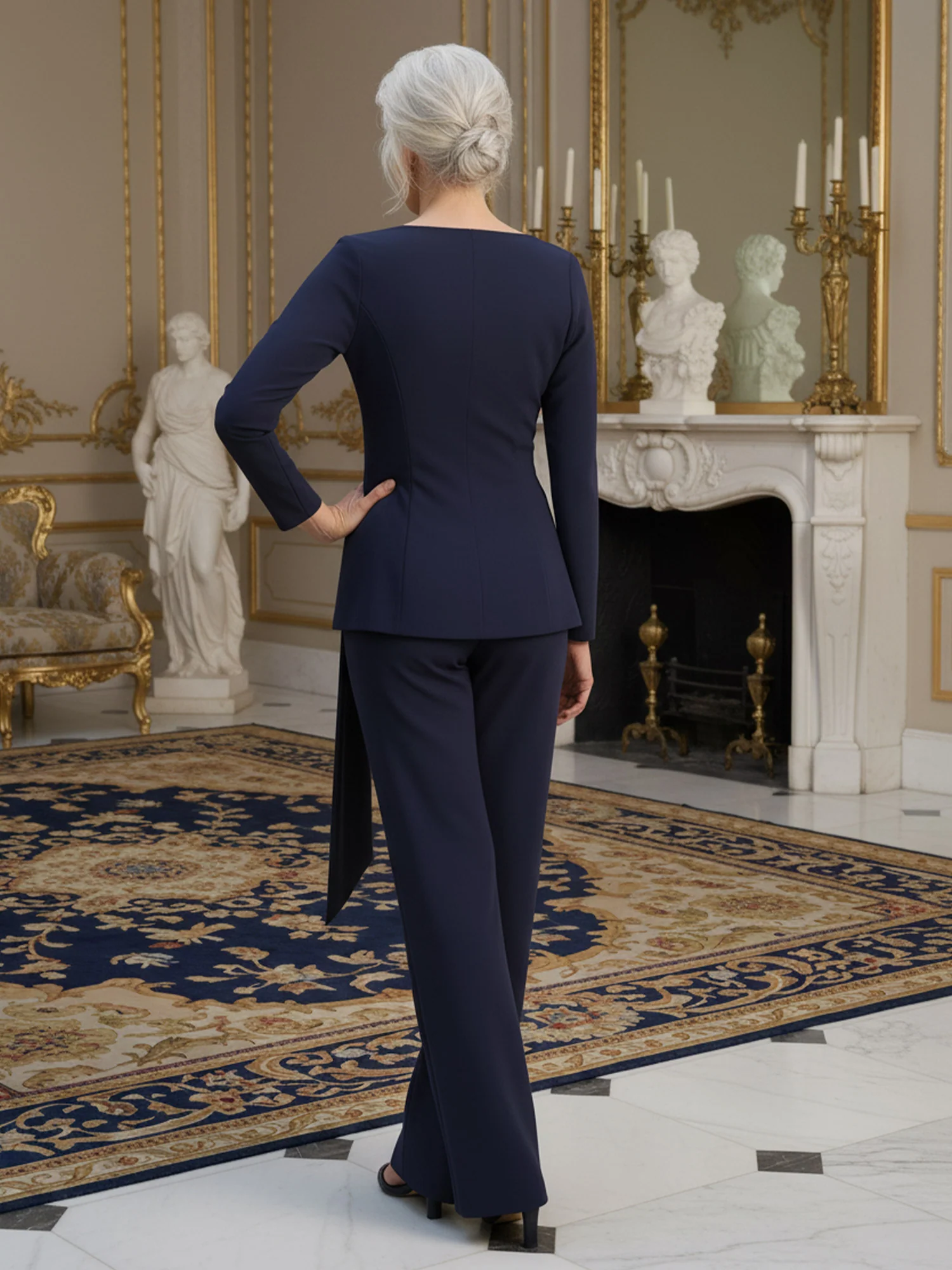 Pleated V-neck Long Sleeve Pant Suit With Bow Dark Navy - Image 2
