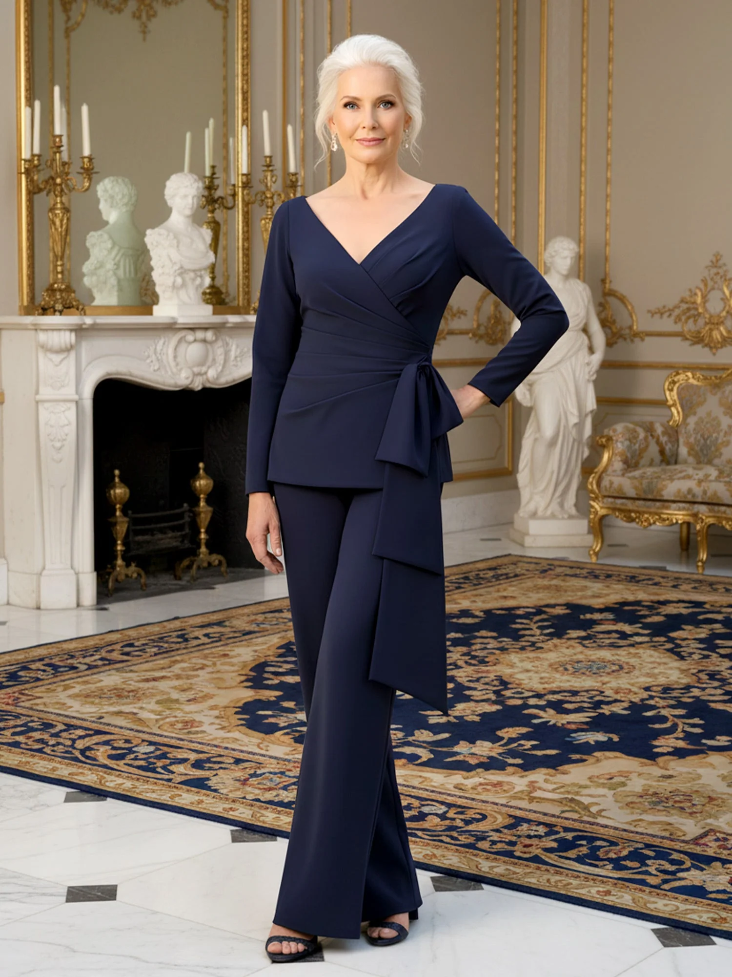 Pleated V-neck Long Sleeve Pant Suit With Bow Dusty Blue