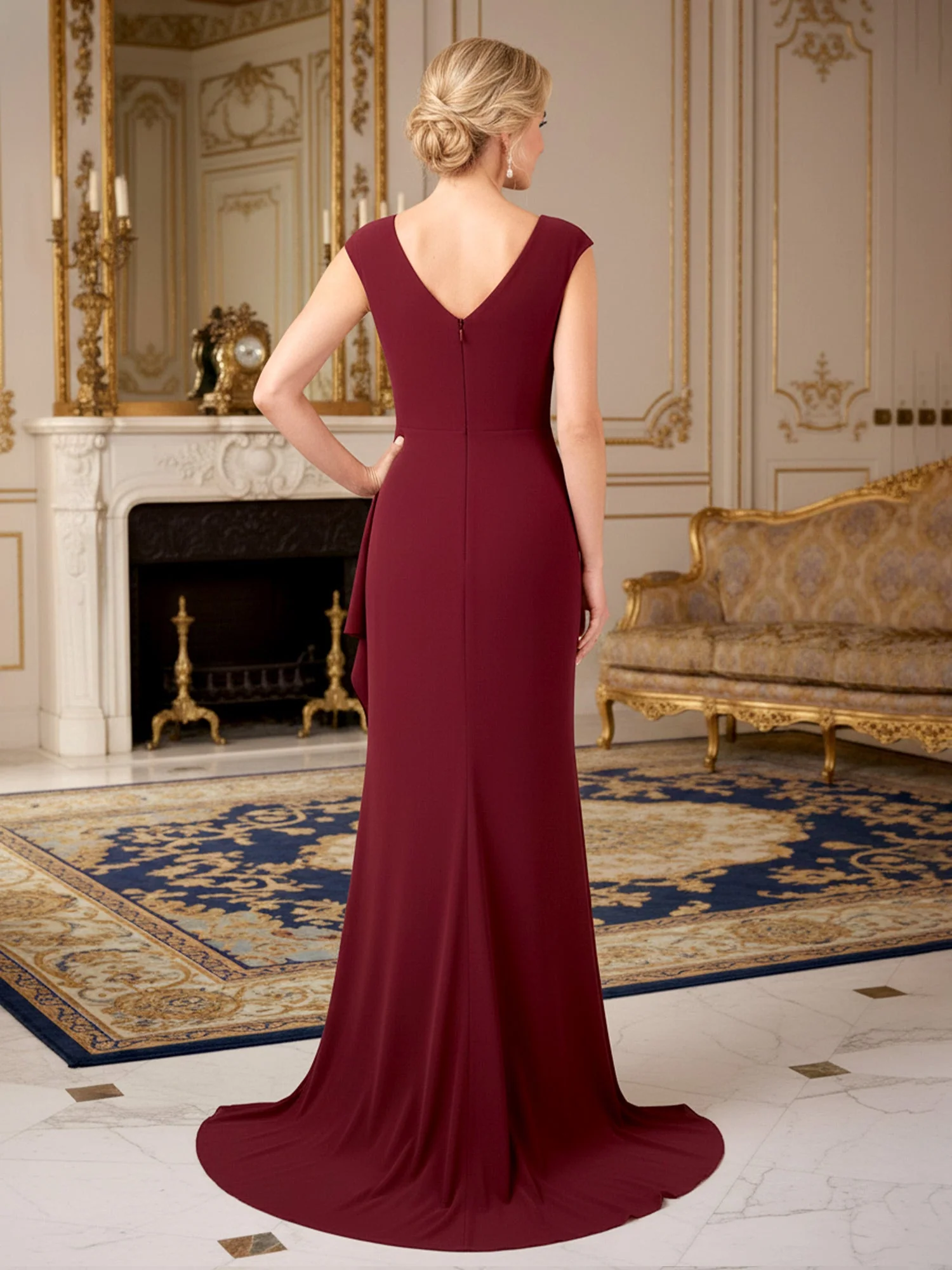 Pleated V-neck Ruffles Sheath Sweep Train Dress Dark Navy - Image 2