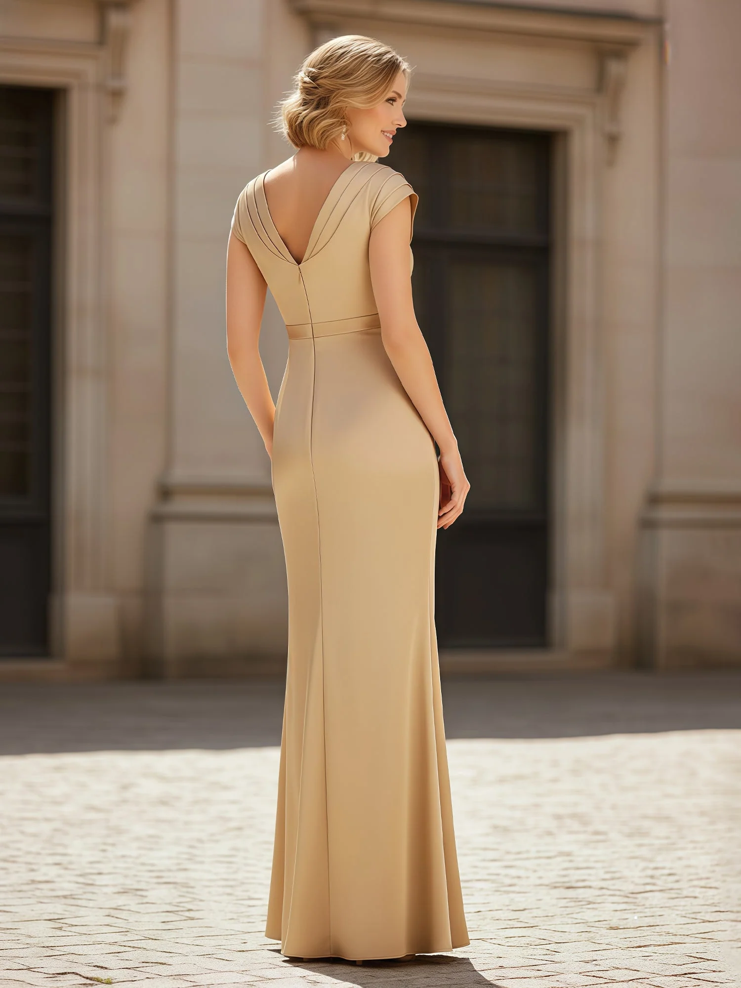 Pleated V-neck Sheath Long Dress With Ruffles Silver - Image 2