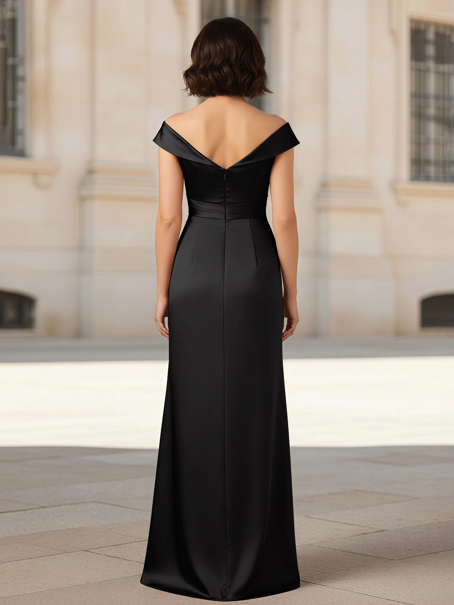 Pleated V-neck Stretch Satin Bodycon Dress Black - Image 2