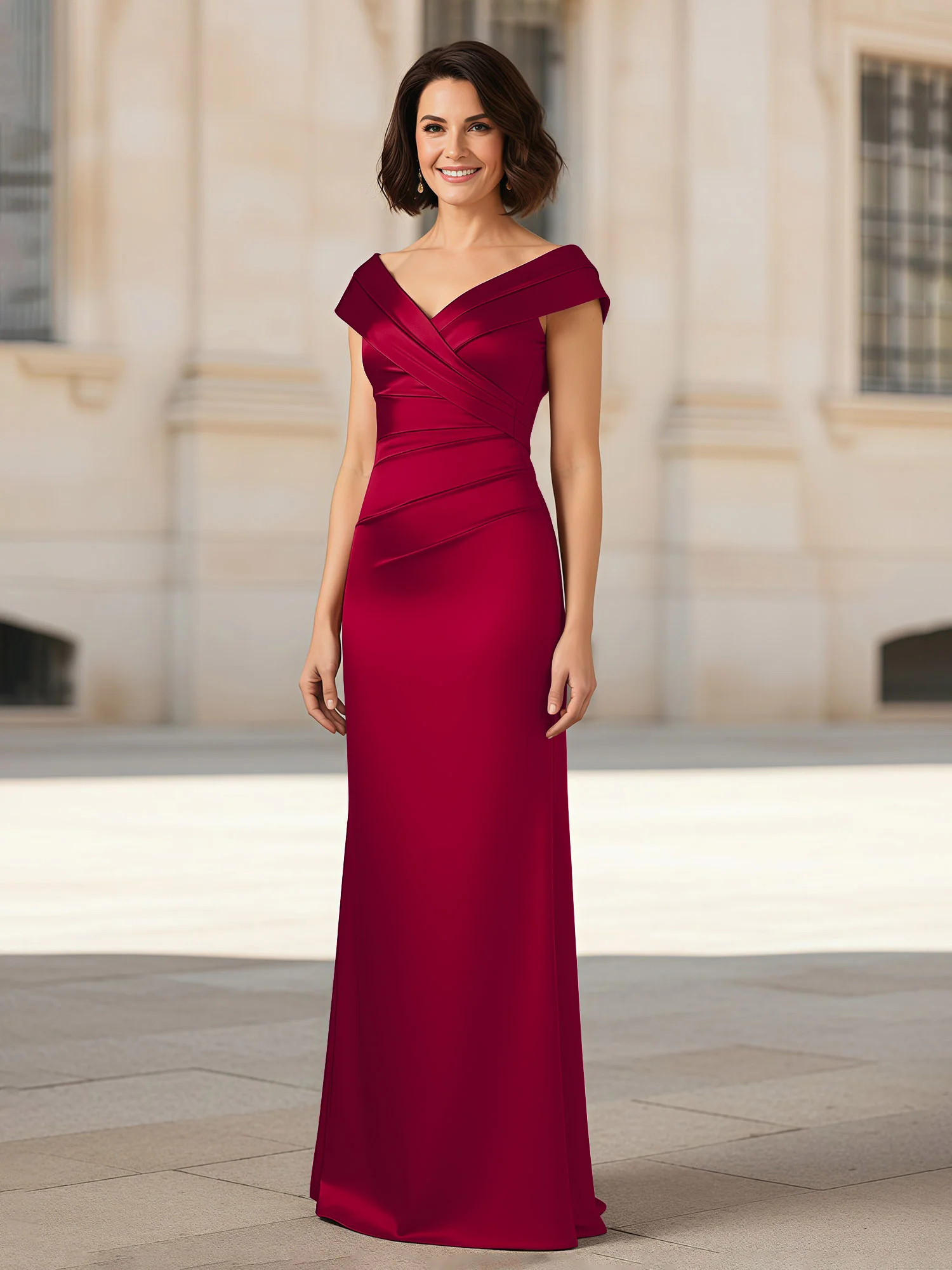 Pleated V-neck Stretch Satin Bodycon Dress Burgundy