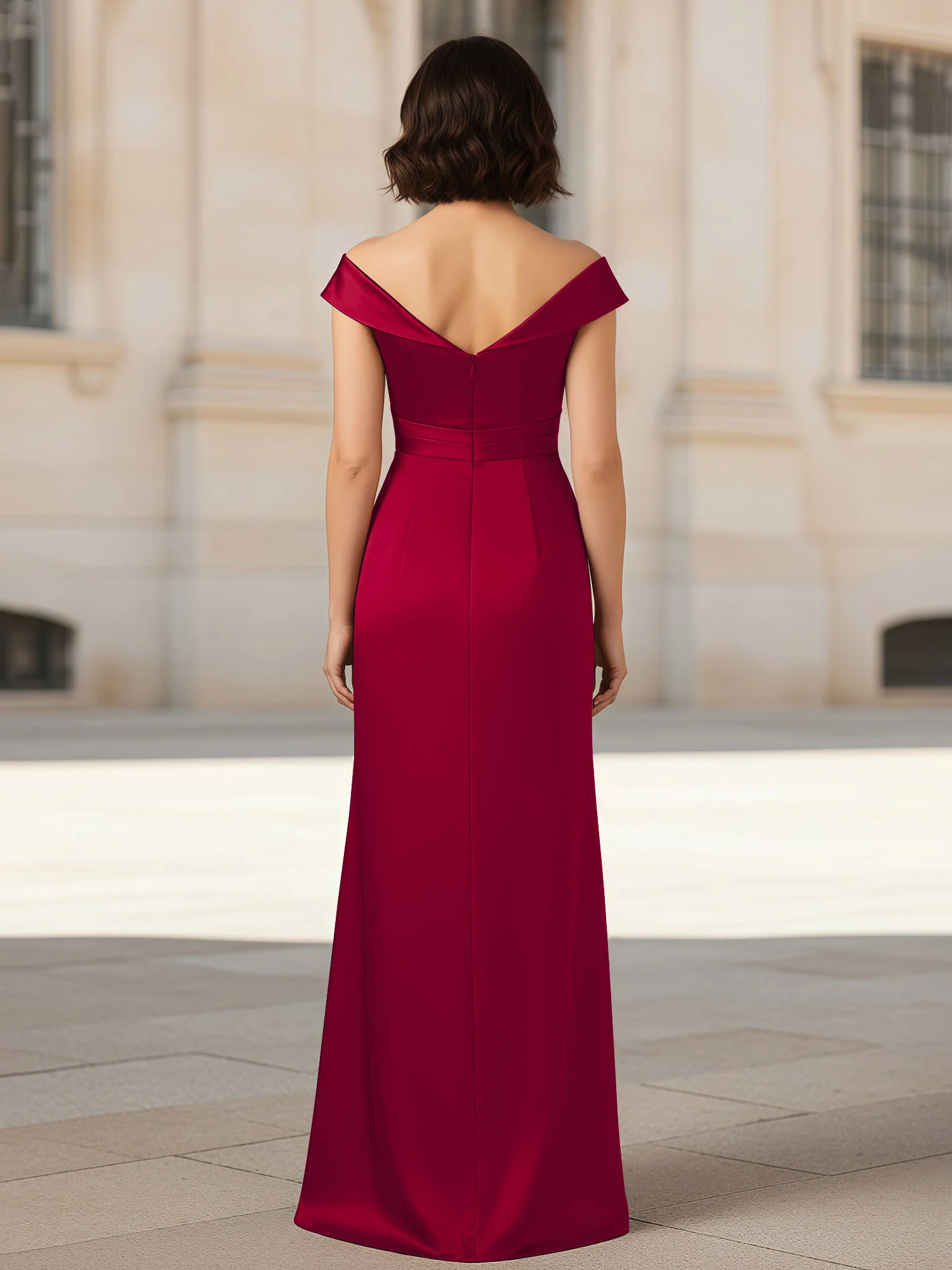 Pleated V-neck Stretch Satin Bodycon Dress Burgundy - Image 2