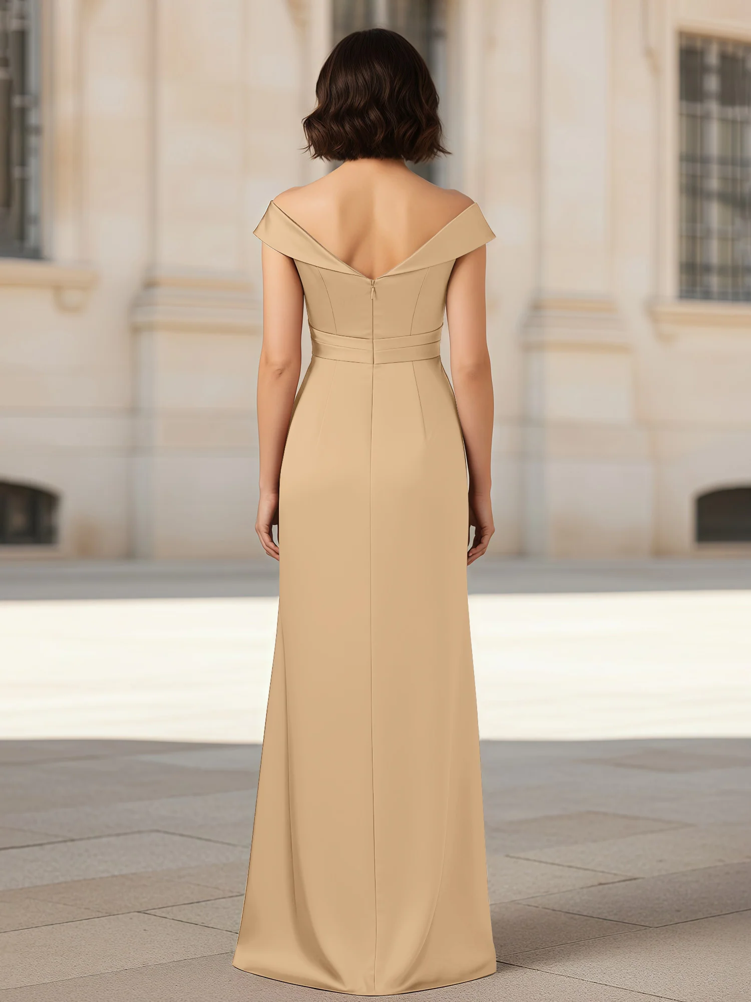 Pleated V-neck Stretch Satin Bodycon Dress Champagne - Image 2