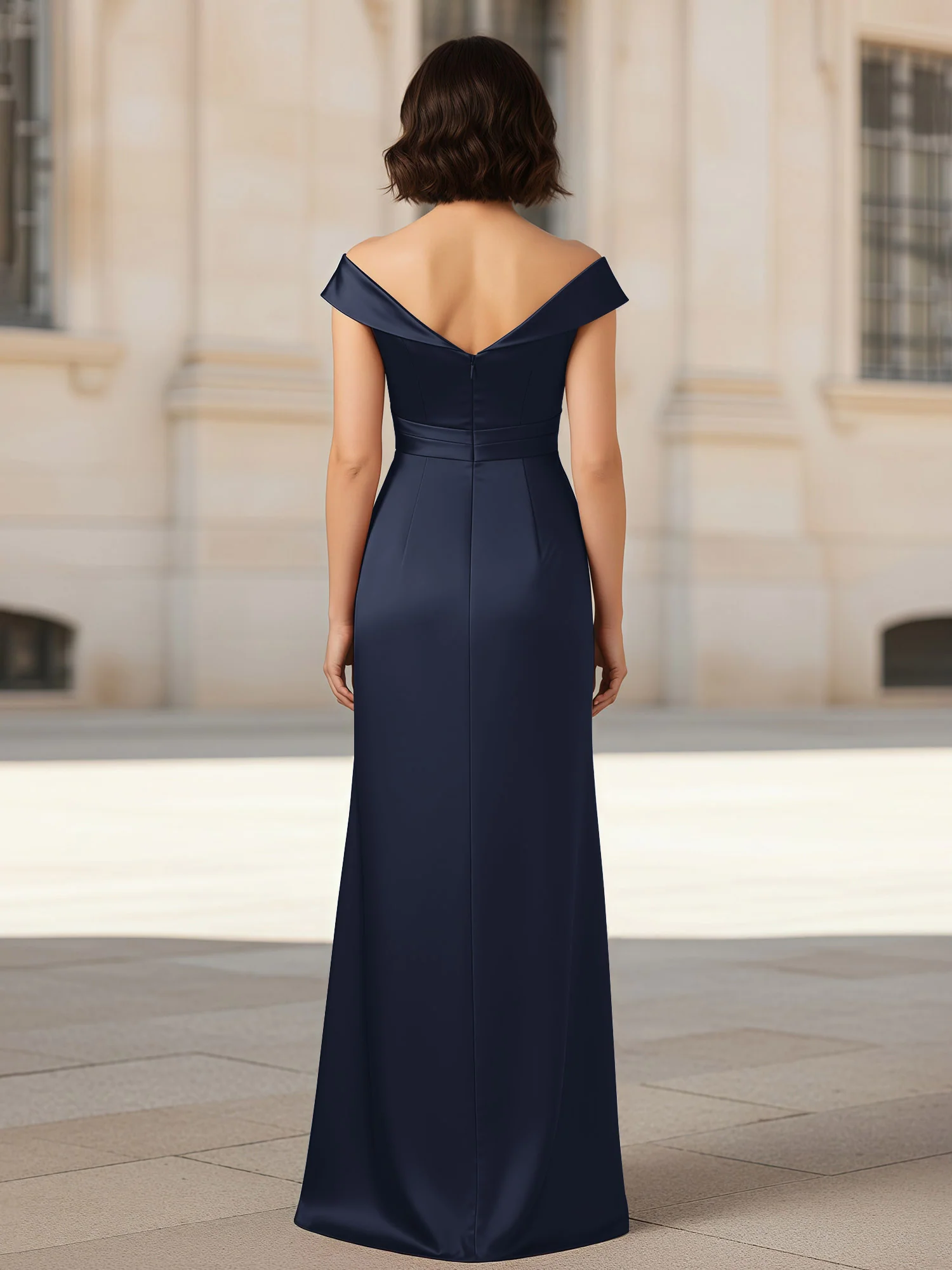 Pleated V-neck Stretch Satin Bodycon Dress Dark Navy - Image 2