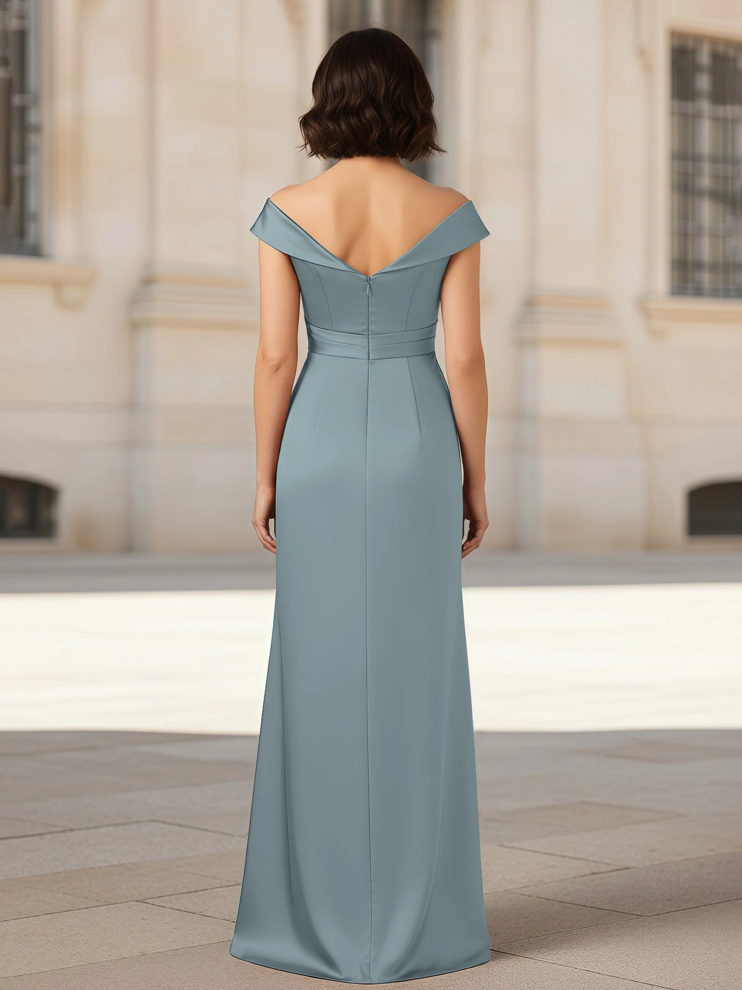 Pleated V-neck Stretch Satin Bodycon Dress Dusty Blue - Image 2