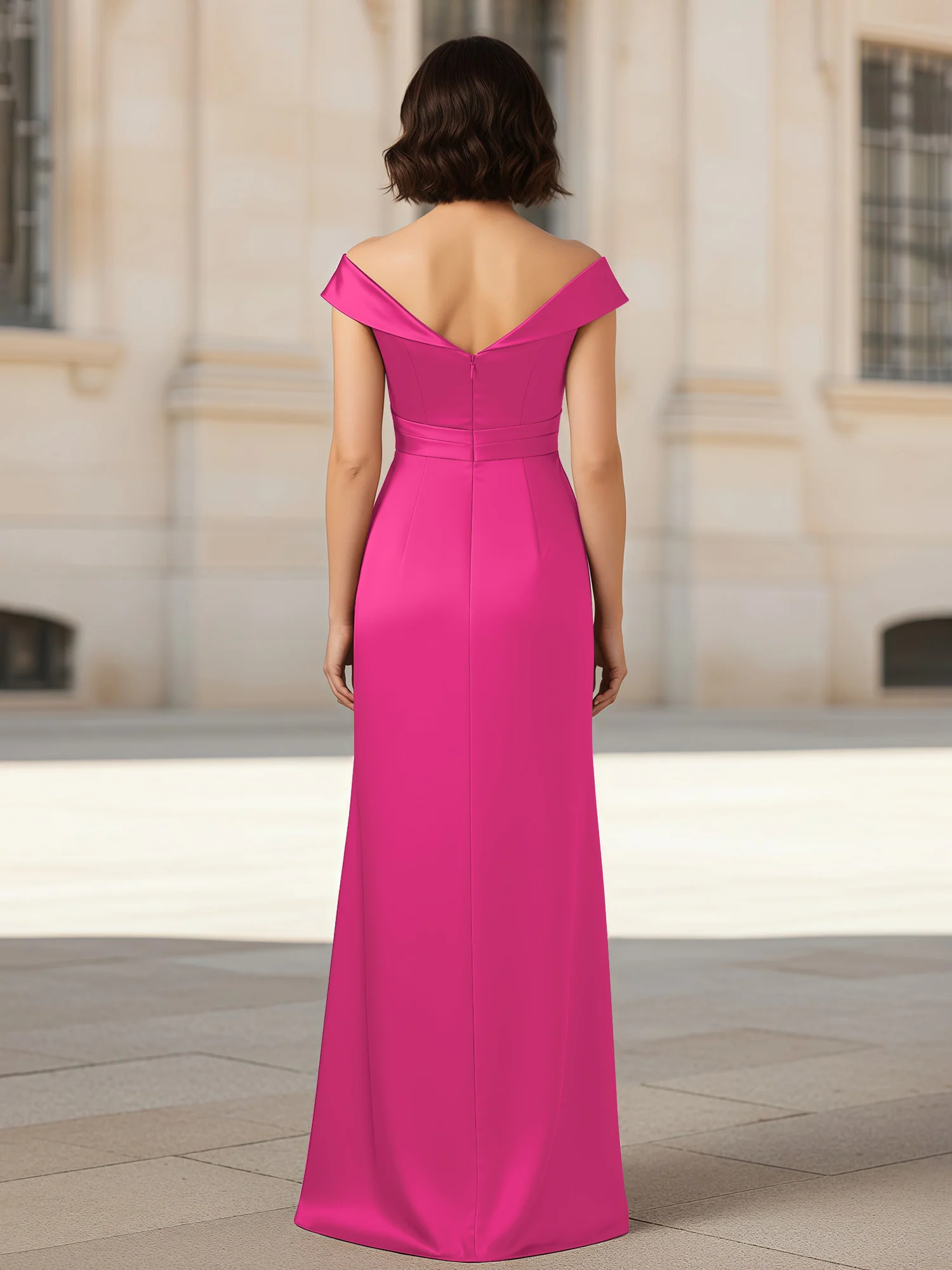 Pleated V-neck Stretch Satin Bodycon Dress Fuchsia - Image 2
