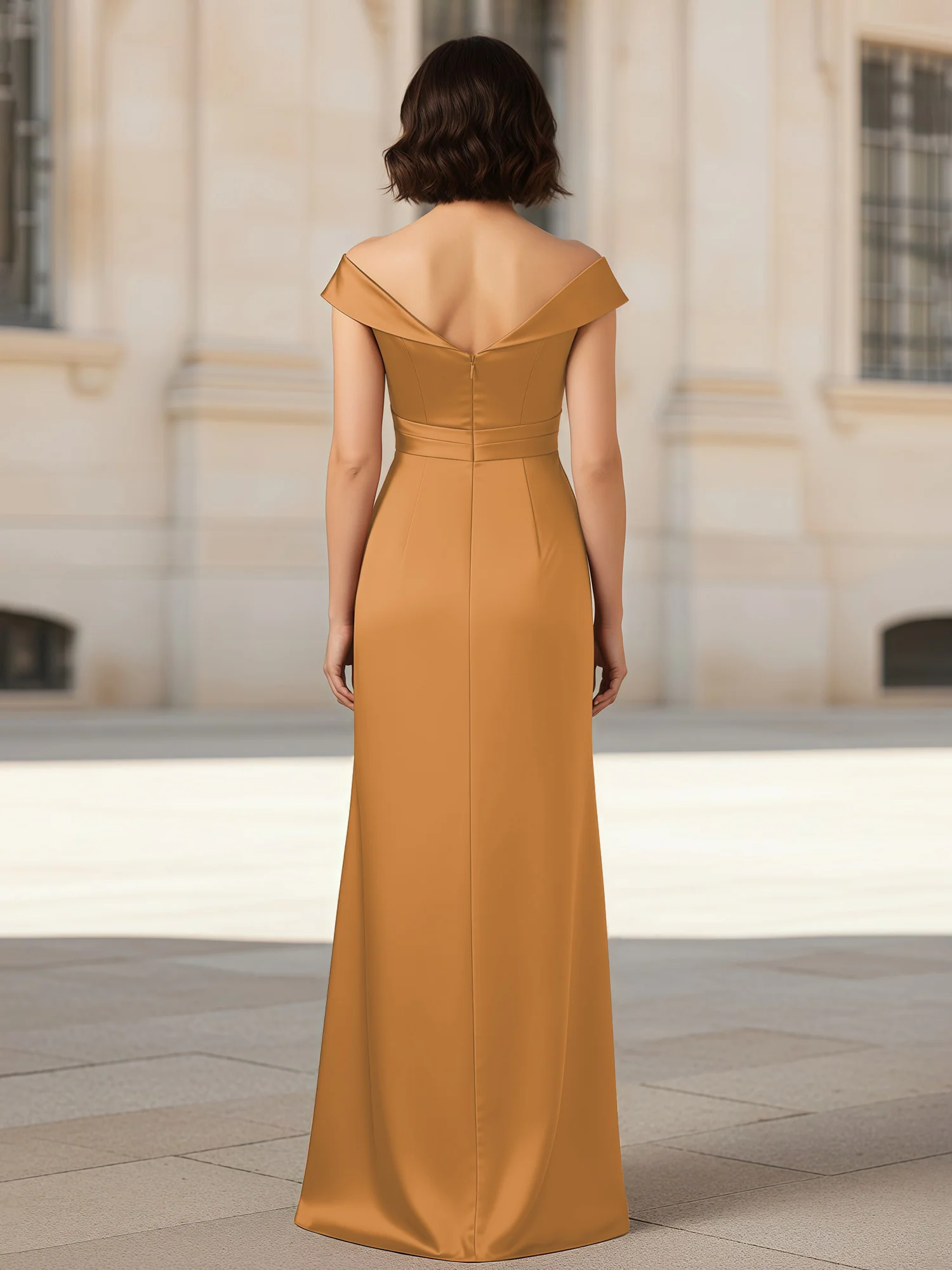 Pleated V-neck Stretch Satin Bodycon Dress Gold - Image 2