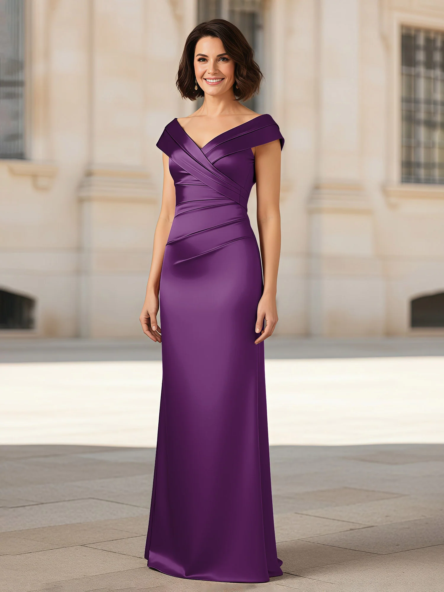 Pleated V-neck Stretch Satin Bodycon Dress Grape