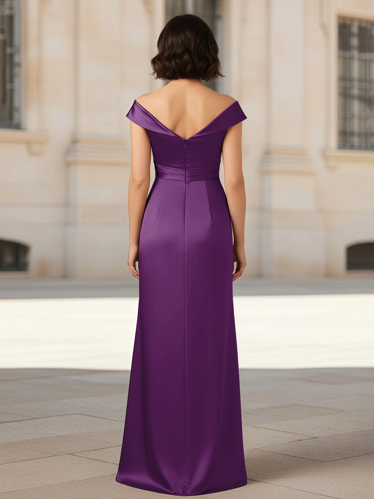 Pleated V-neck Stretch Satin Bodycon Dress Grape - Image 2