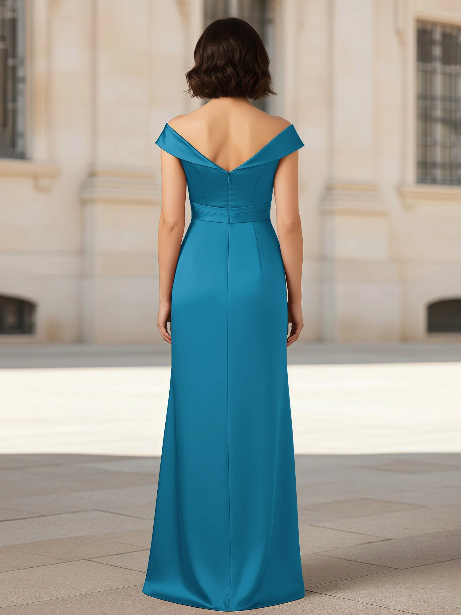 Pleated V-neck Stretch Satin Bodycon Dress Ink Blue - Image 2